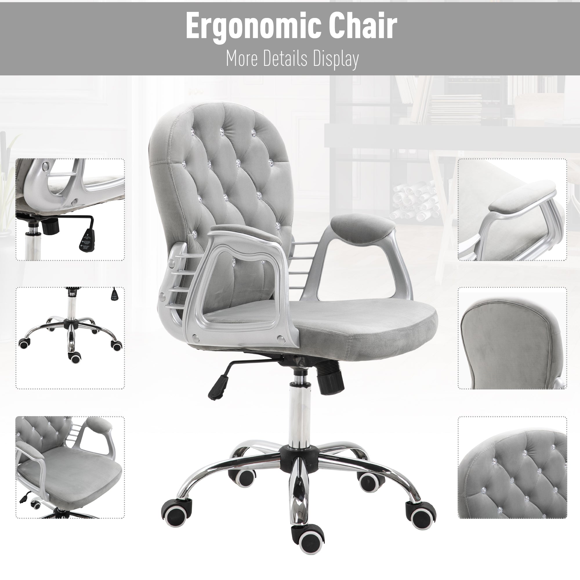 Vinsetto Bürostuhl, Ergonomisch Schreibtischstuhl mit Armlehne, Gepolsterter Rückenlehne, Höhenverstellbar Computerstuhl mit Velvetoptik, Drehstuhl für Home Office, Grau
