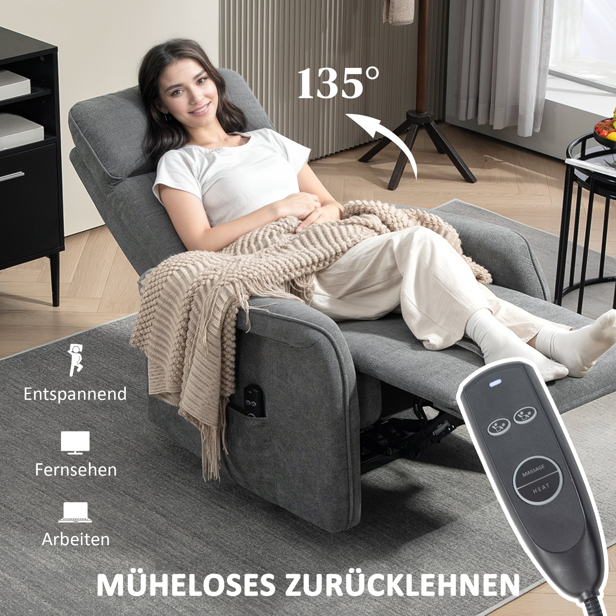 HOMCOM Massagesessel mit Fernbedienung, 8 Massagepunkte, Lendenheizung, USB-Anschluss, Seitentasche, Polstersessel, Grau