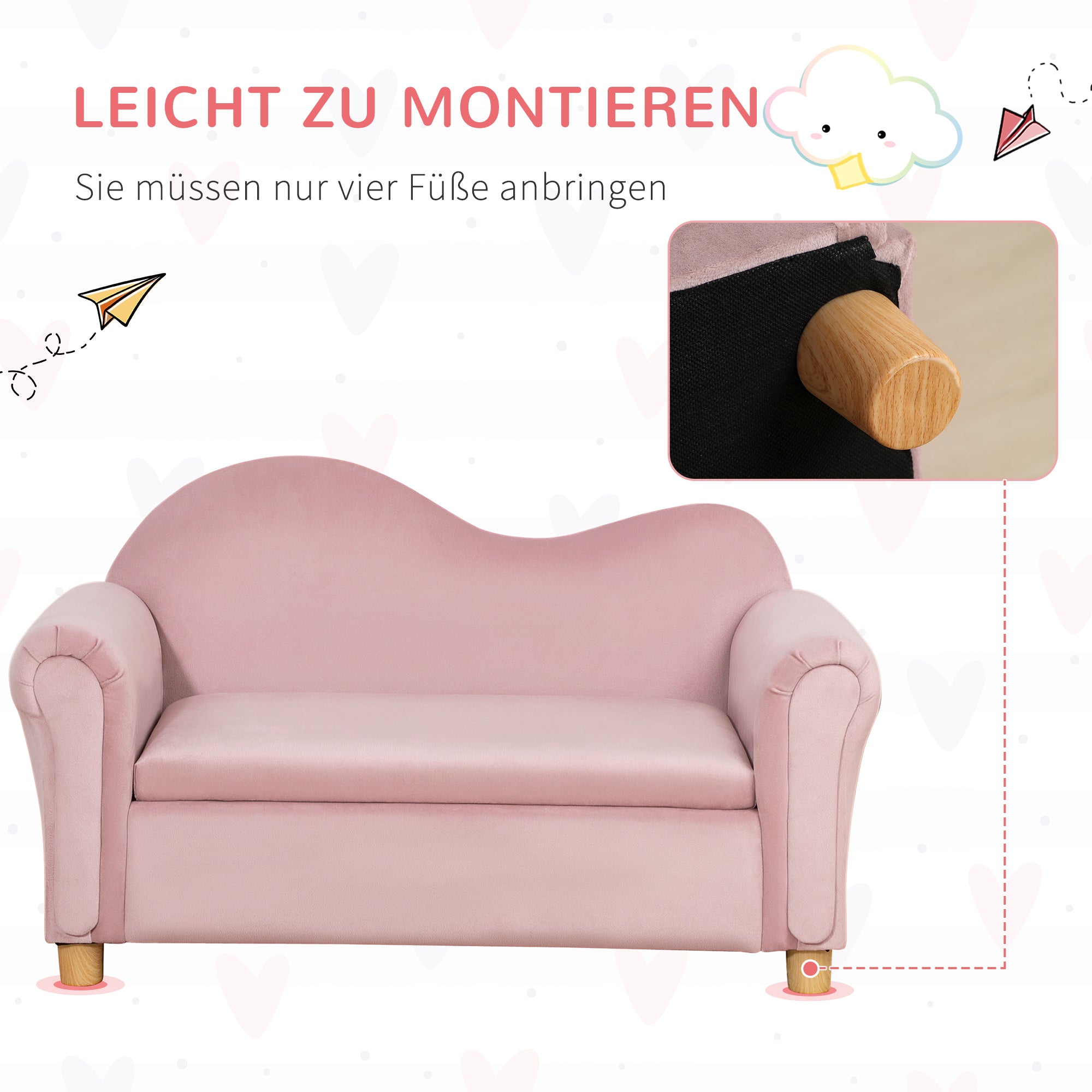 HOMCOM Kindersofa, Zweisitzer für Kinder 3-5 Jahre, Stauraum, Naturholzrahmen, 84 x 41,5 x 48,5cm, rosa