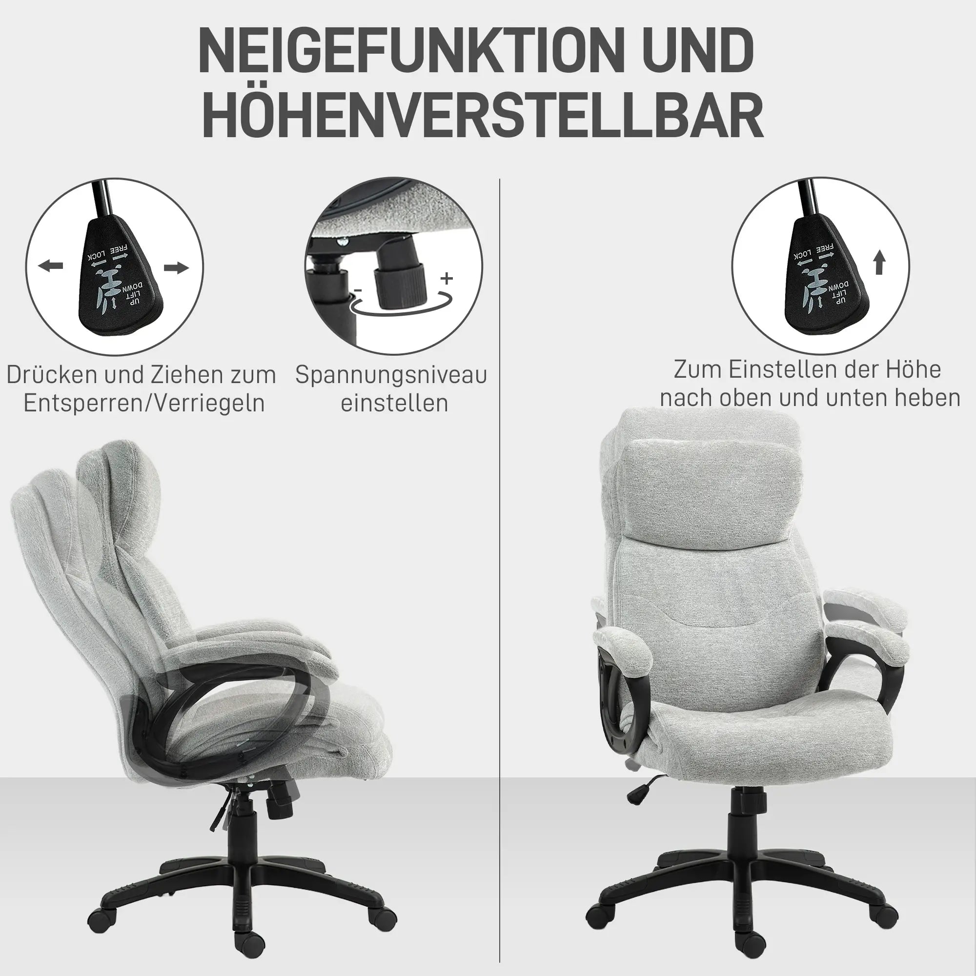 HOMCOM Bürostuhl, Schreibtischstuhl, drehbar, Wippfunktion, höhenverstellbar, Hellgrau