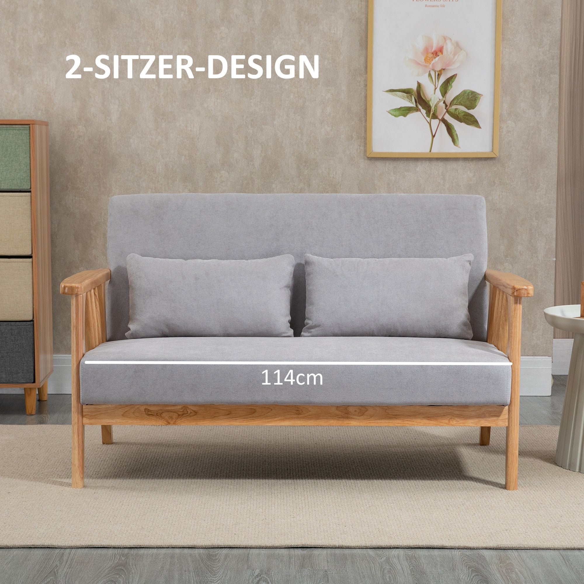 HOMCOM Sofa Relaxsofa 2-Sitzersofa, inkl. 2 Kissen, Samtoptik, Kautschukholz, 130 cm x 75 cm x 78 cm, Grau + Natur