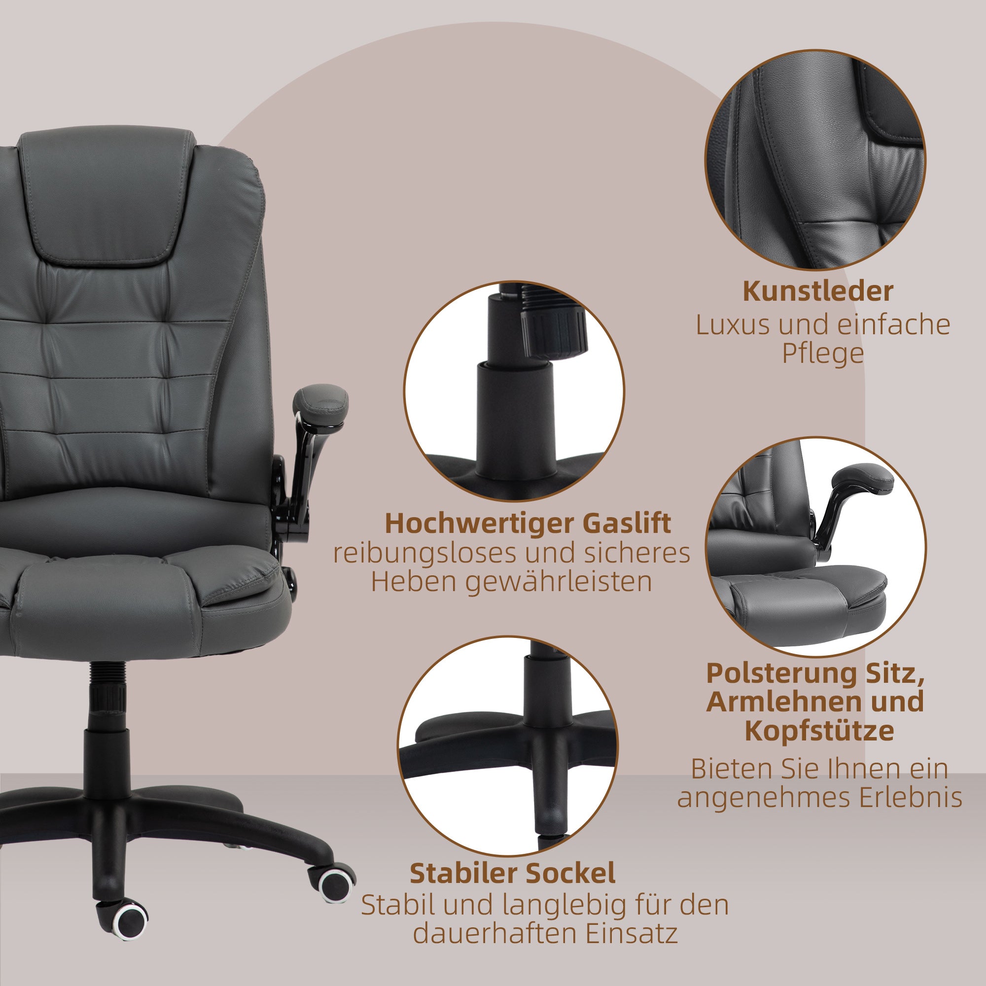 HOMCOM Ergonomischer Bürostuhl, klappbare Armlehnen, Neigefunktion, Dunkelgrau