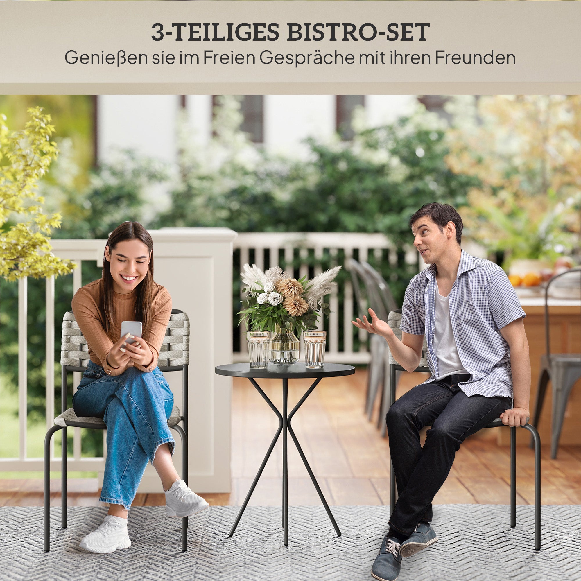 Outsunny Polyrattan Gartenmöbel Set, Outdoor Lounge Balkonmöbel für 2 Personen, 3-teilig 2 Stühle, Tisch Grau