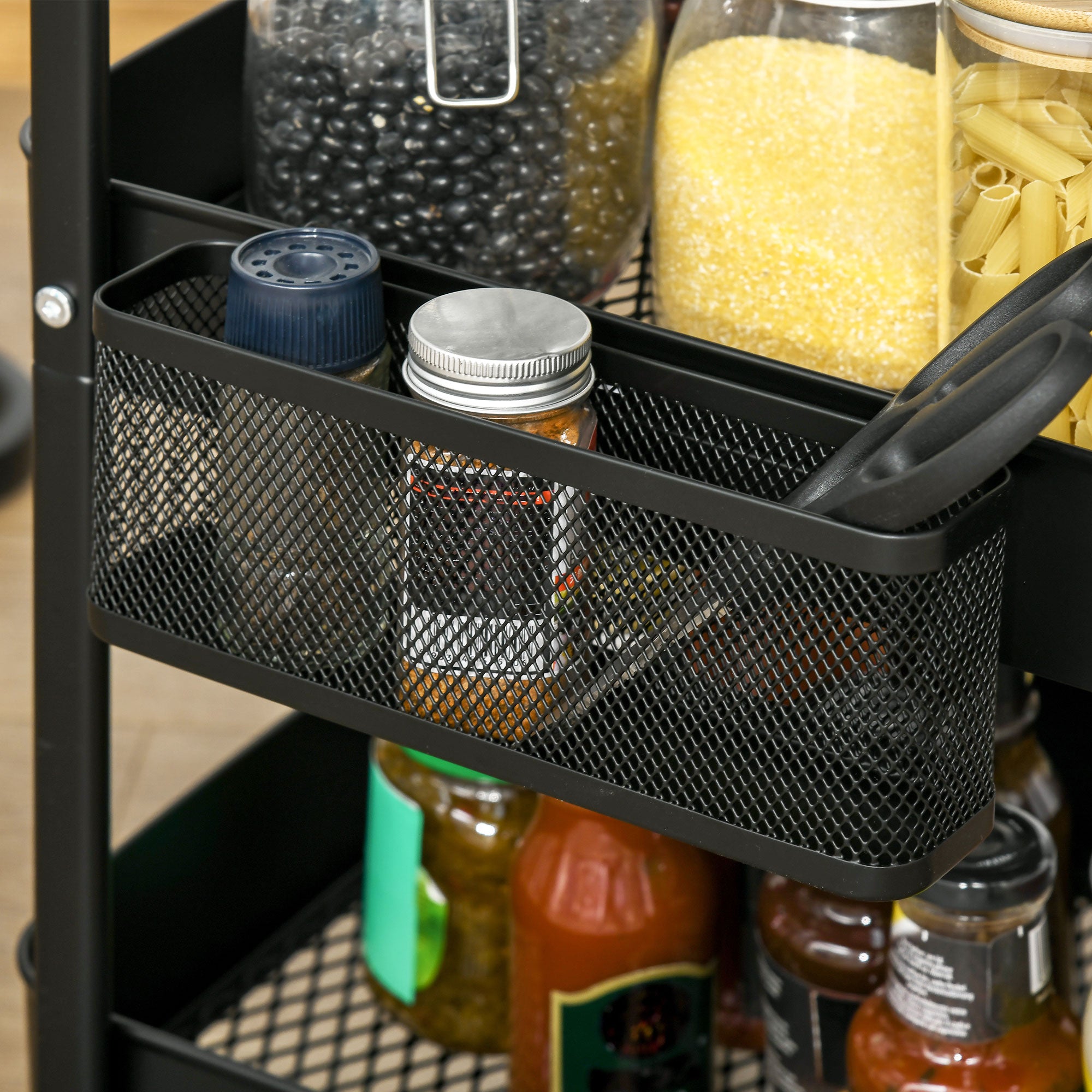 HOMCOM Küchentrolley mit Lochtafel, Handtuchhalter, Aufbewahrungskörbe, Schwarz