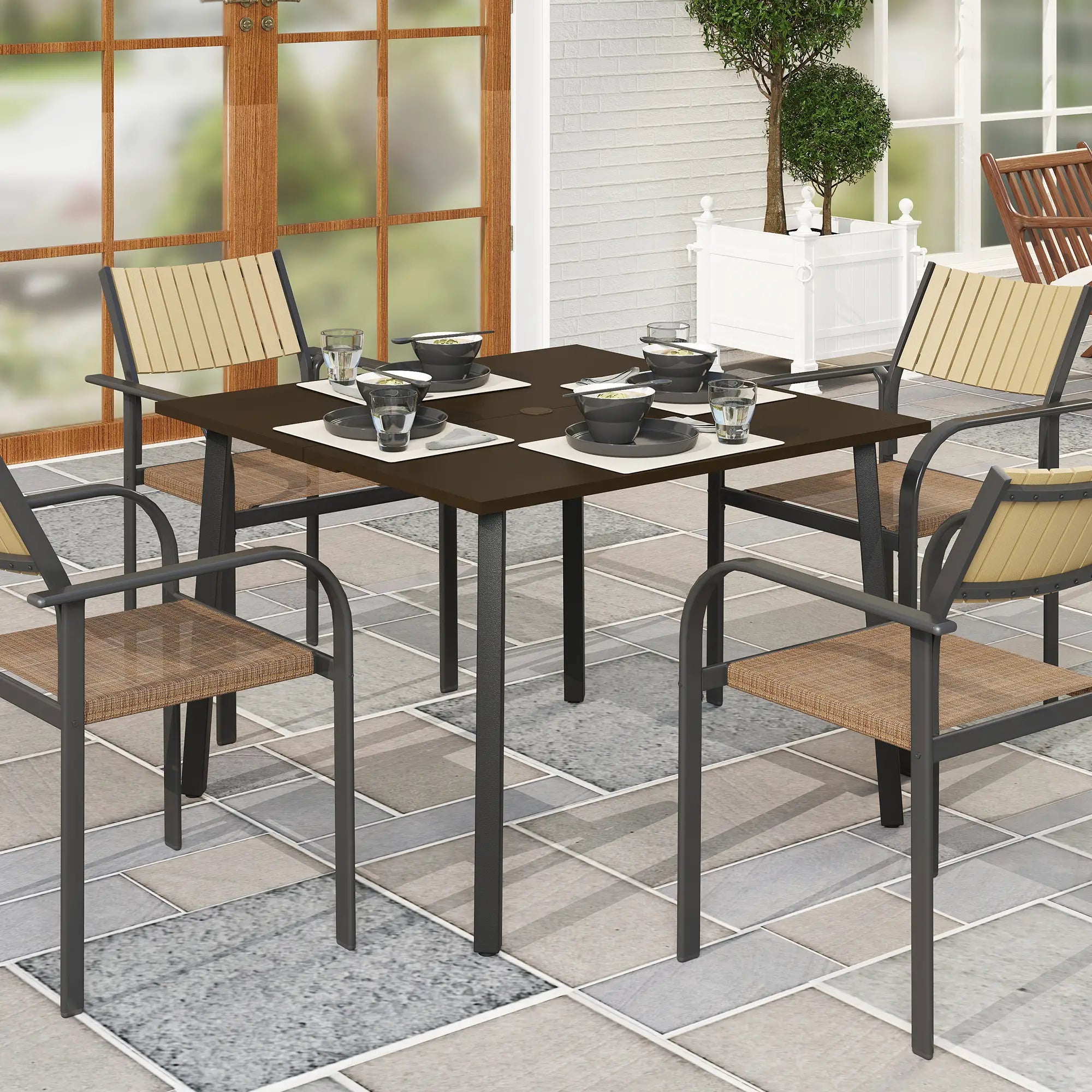 Gartentisch 100x100 cm für 4 Personen, Braun, mit Schirmloch