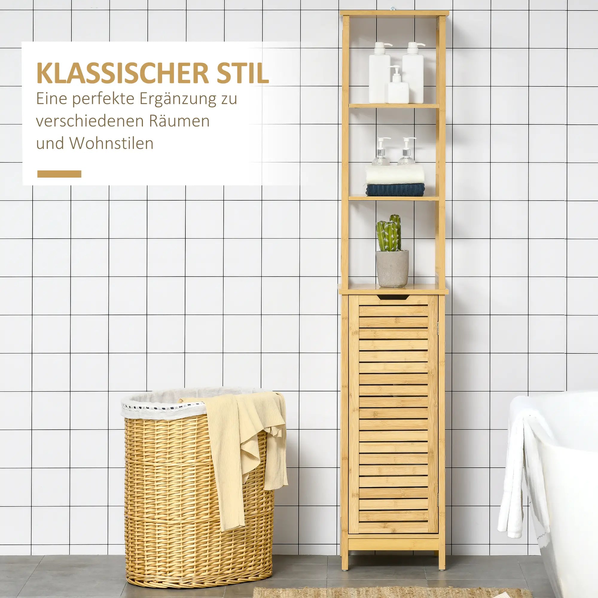 kleankin Badezimmerschrank Hochschrank viel Stauraum Lamellentür Bambus