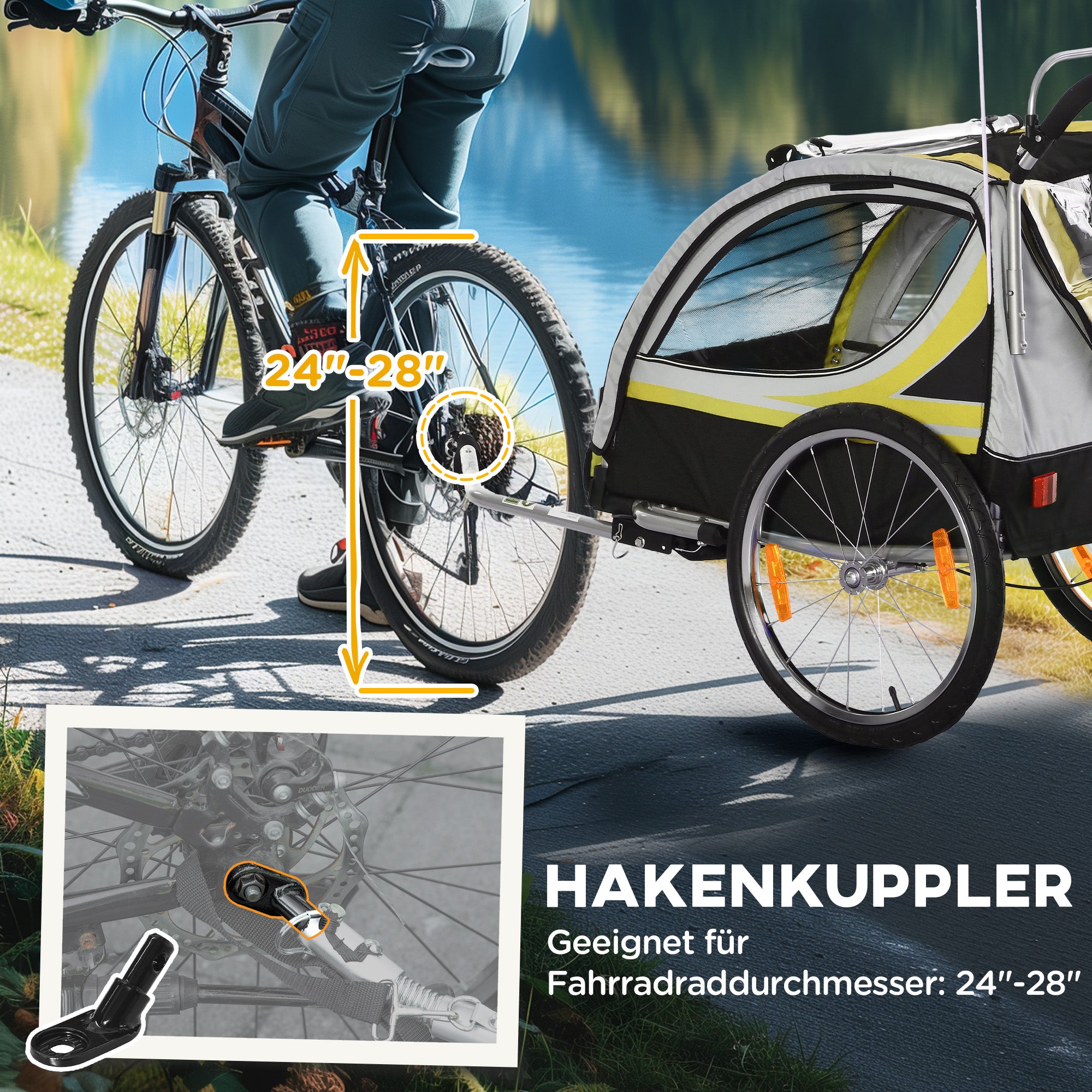 HOMCOM 2-in-1 Fahrradanhänger für 2 Kinder, Schiebefunktion, Regenschutz, Bremse, Gelb