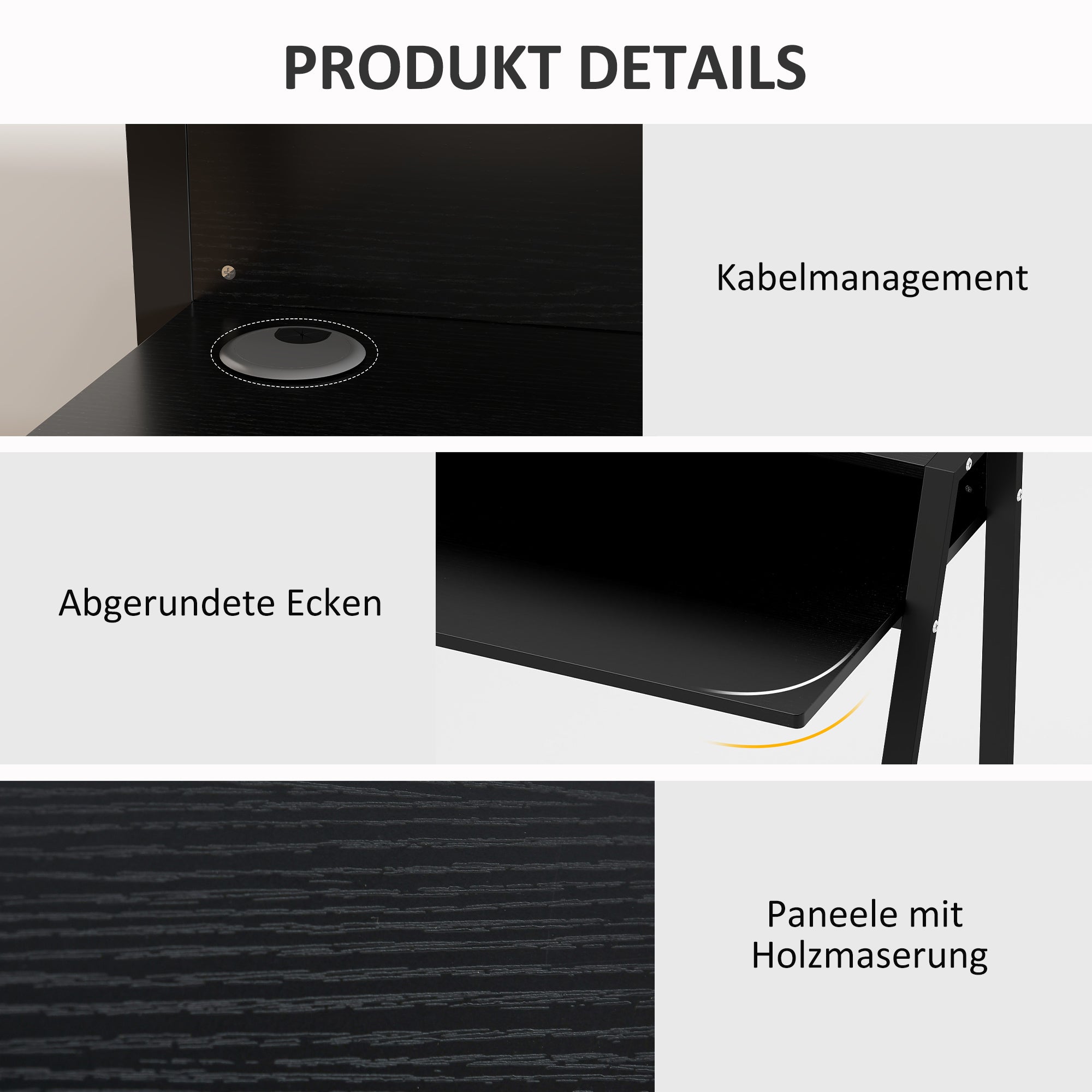 HOMCOM Schreibtisch, Computertisch mit Ablage und Kabel Management, moderner Schreibtisch mit Metallgestell für Arbeitszimmer, Schlafzimmer, Home Office, 84 x 45 x 85 cm, Schwarz