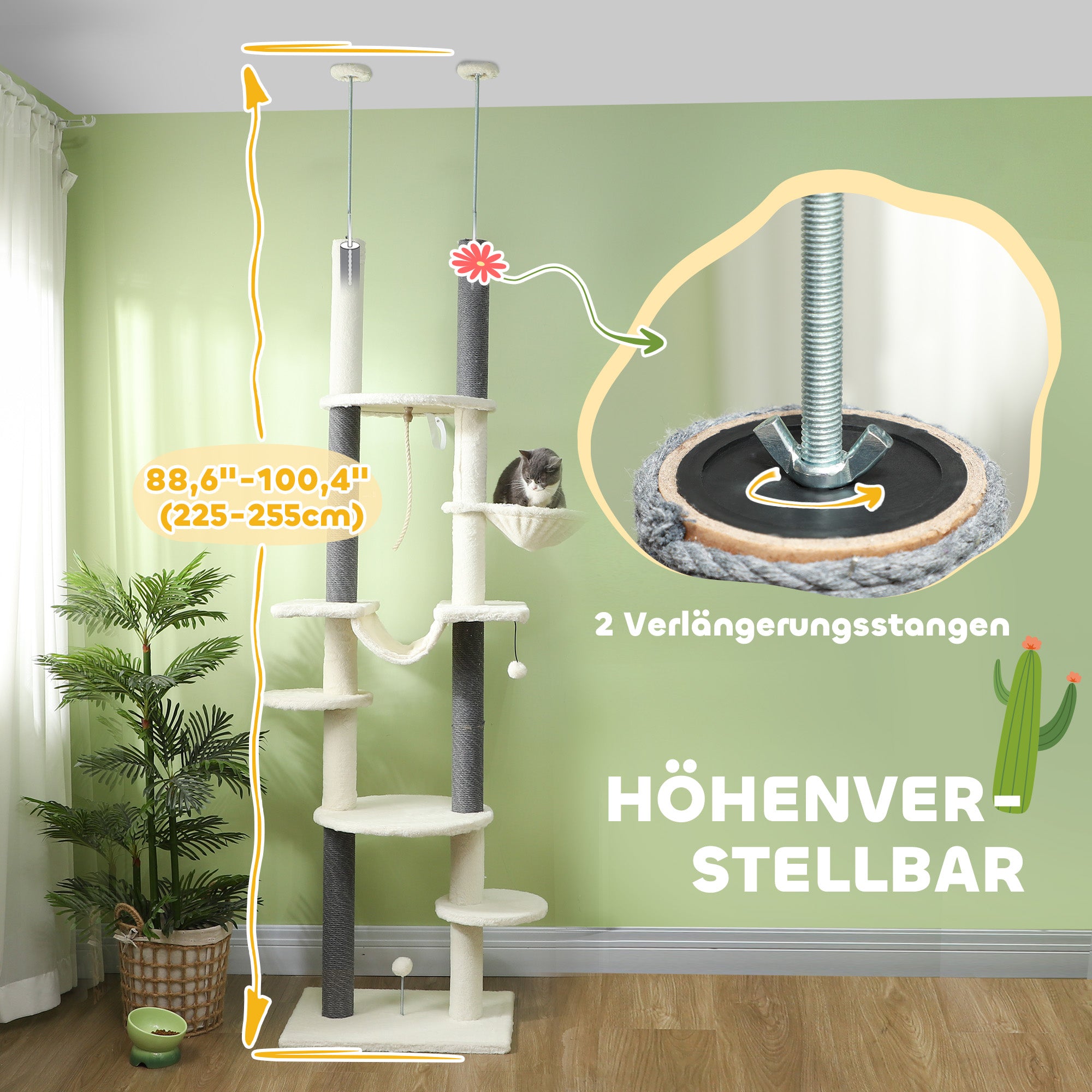 PawHut Kratzbaum, deckenhoch, verstellbar 225-255 cm, Plattformen & Hängematten, Kippschutz, Weiß