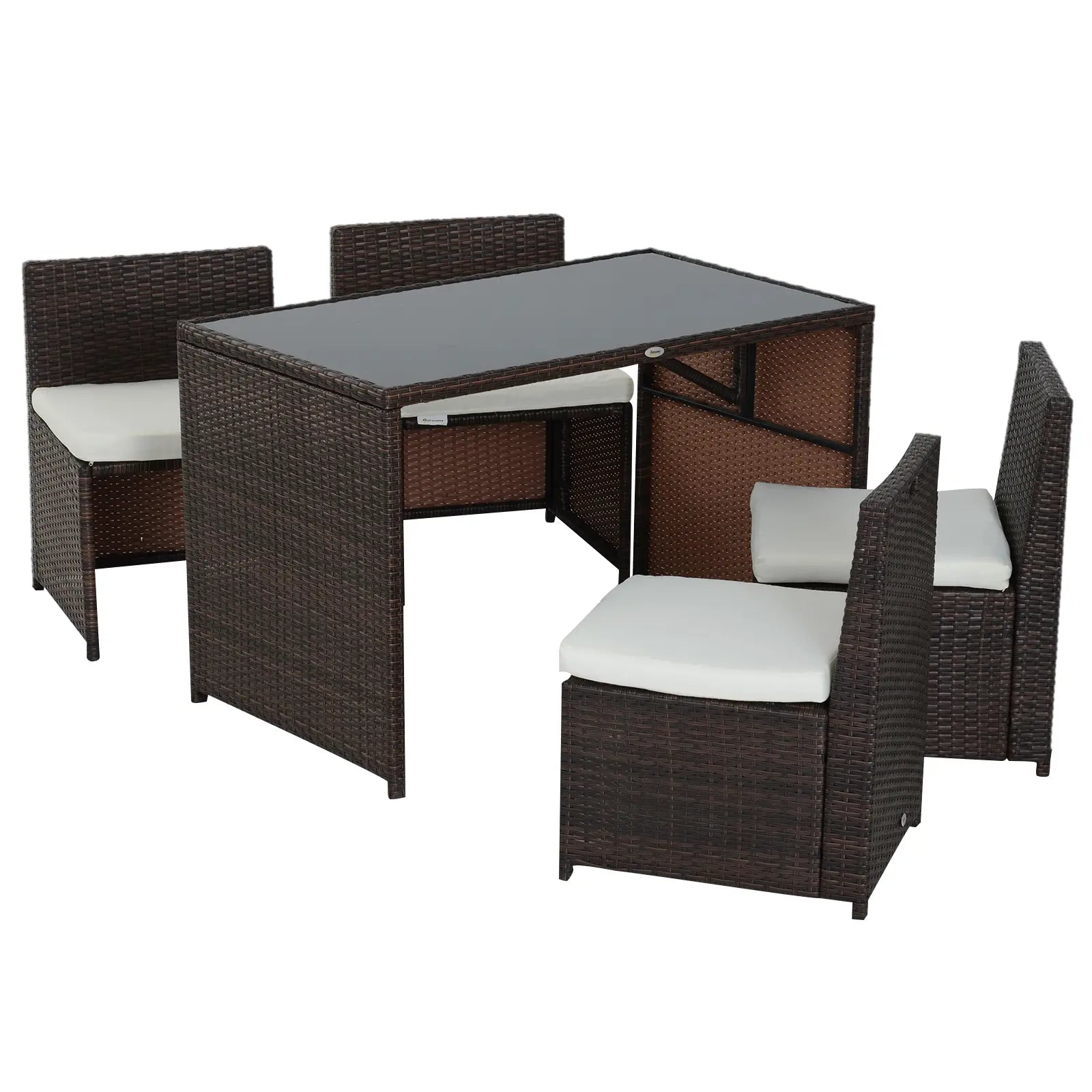 Outsunny 5-teiliges Polyrattan Gartenmöbel-Set, wetterfest Balkonmöbel für 4 Personen Terrassenmöbel mit Tisch 4 Stühle Kissen, Lounge-Set Essgruppe Sitzgruppe für Balkon, Garten, Braun+Khaki