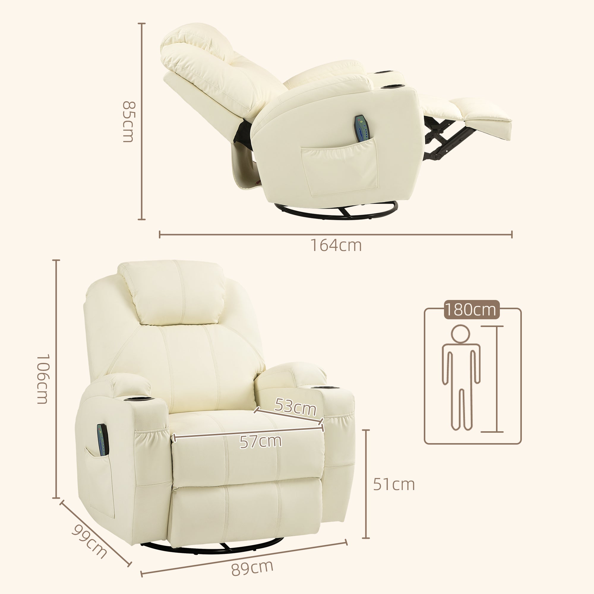 HOMCOM Relaxsessel mit Massagefunktion, neigbare Lehne, drehbar, bis 150 kg, Kunstleder, Cremeweiß