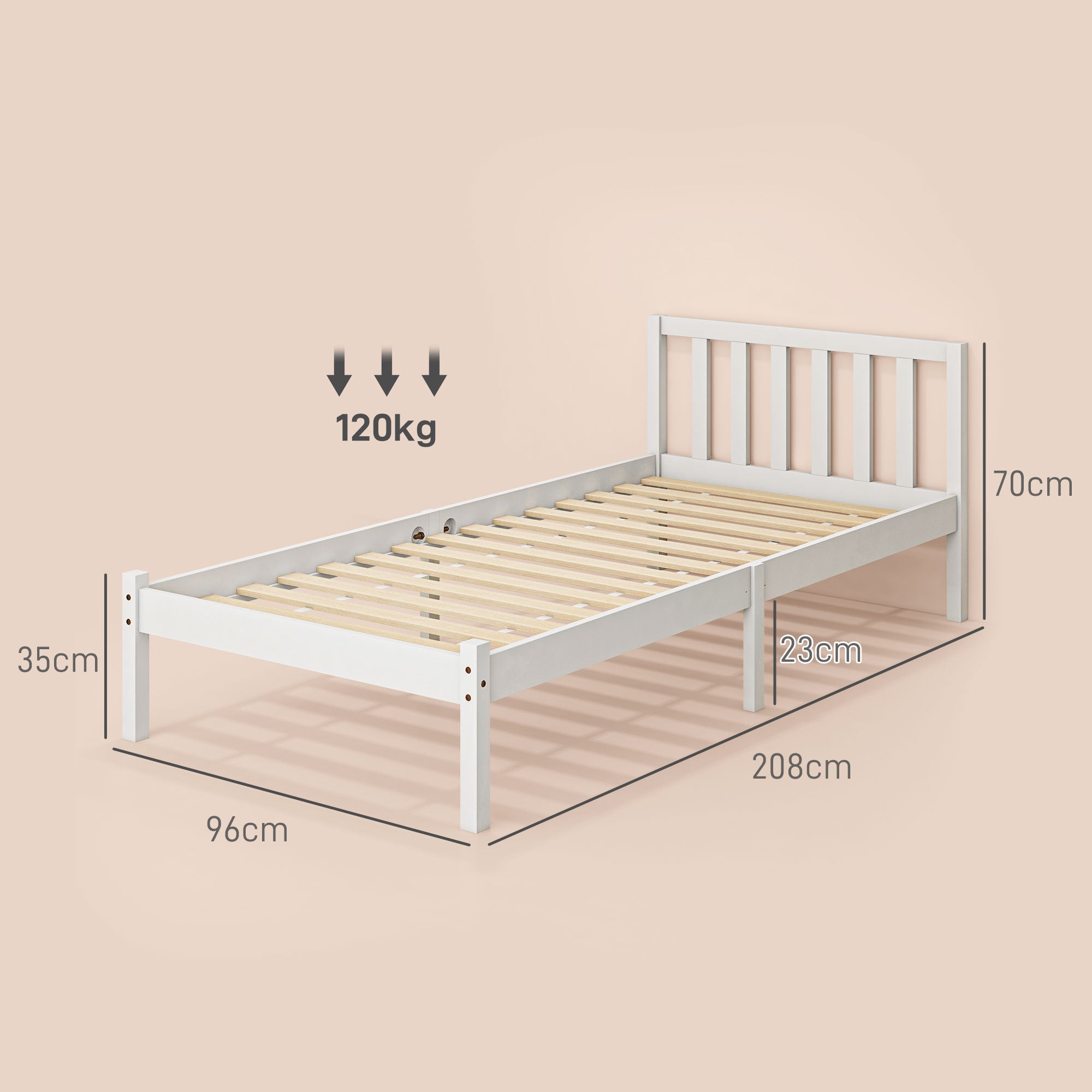 HOMCOM Einzelbettgestell, Kopfteil & Lattenrost, 26cm Freiraum unter Bett, Kiefernholz, 208x96x70 cm, Weiß
