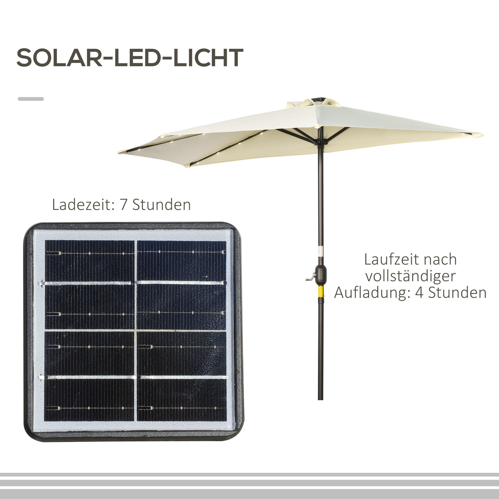 Outsunny Sonnenschirm, Terrassenschirm, halbrund, mit Solarpaneel, 20 LEDs, Handkurbel, beige, 2,70 x 1,35 x 2,40 m