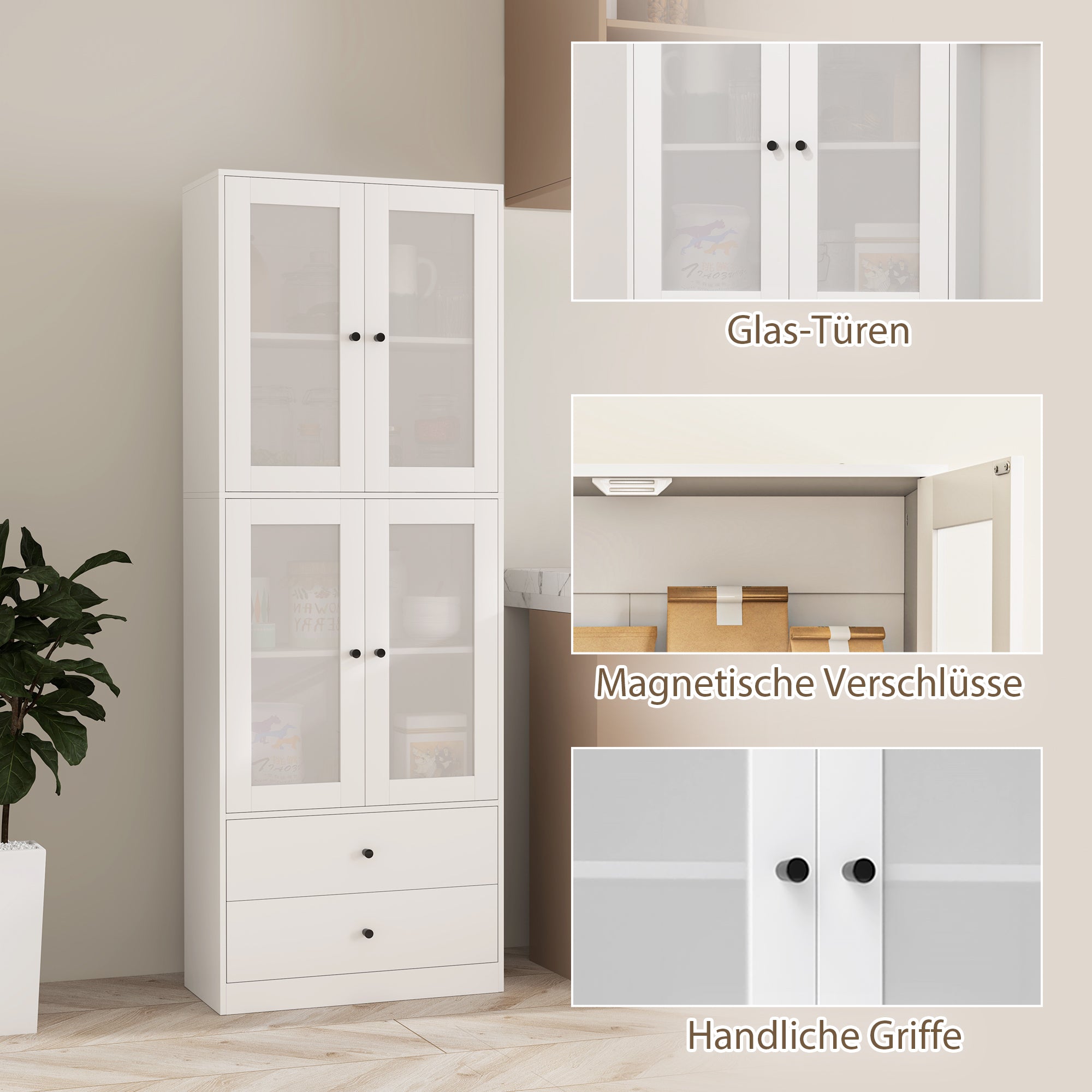 HOMCOM Küchenschrank mit Schubladen und Glastüren, Melamin-Oberfläche, Weiß