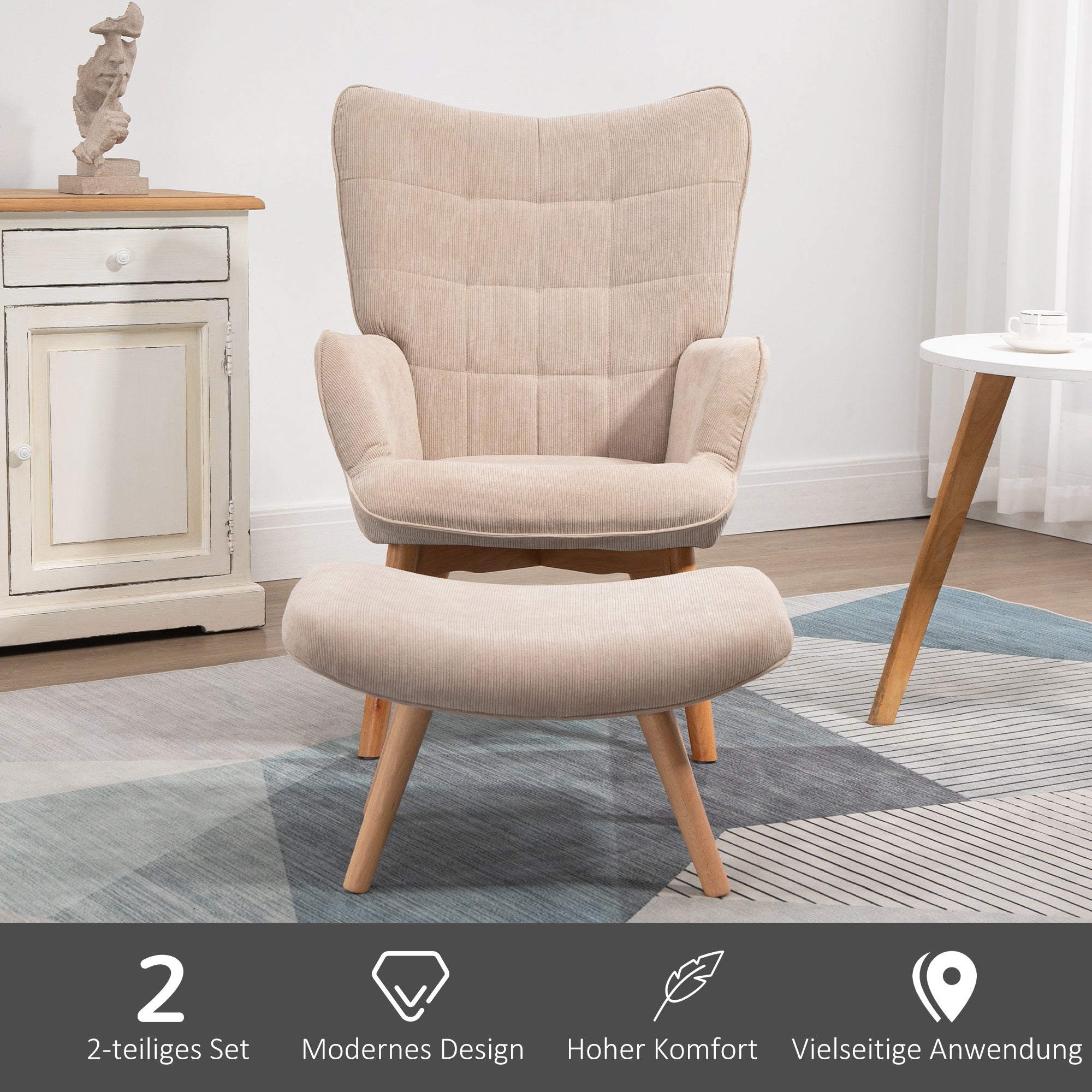HOMCOM Akzentsessel mit Hocker, Relaxsessel in Cord-Optik, Armlehnstuhl mit Holzbeinen, für Wohnzimmer, Beige