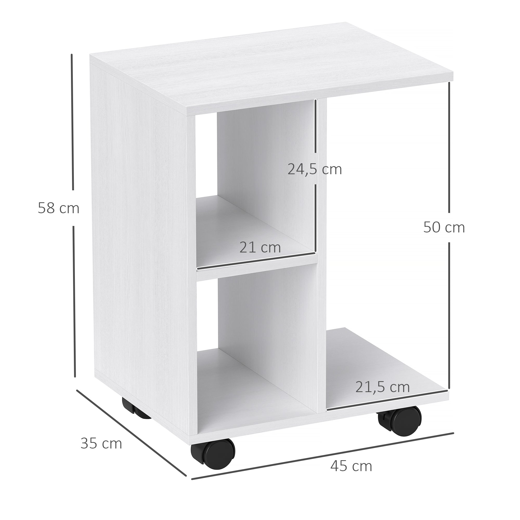 HOMCOM Beistelltisch in C-Form, Kaffeetisch, Couchtisch, Eckschreibtisch, mit Rollen, E1-Spanplatte, 45 x 35 x 58 cm, Weiß