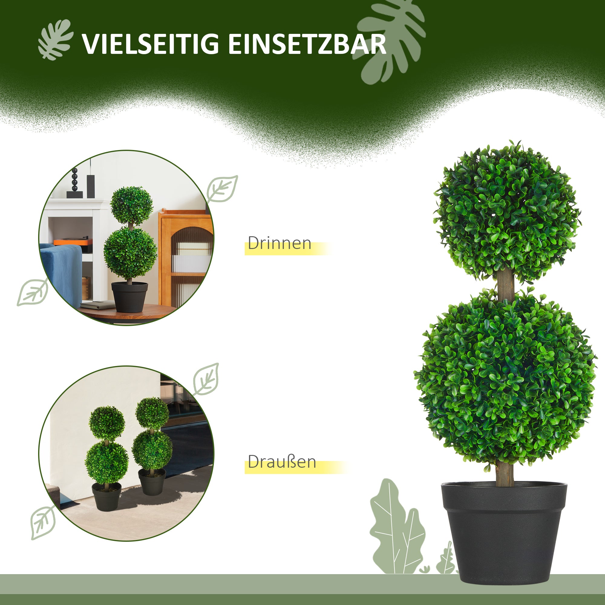 HOMCOM 2er-Set Künstlicher Buchsbaum, 2 Buchsbäume, Outdoor, 17 cm x 17 cm x 60 cm, Grün + Braun+ Schwarz