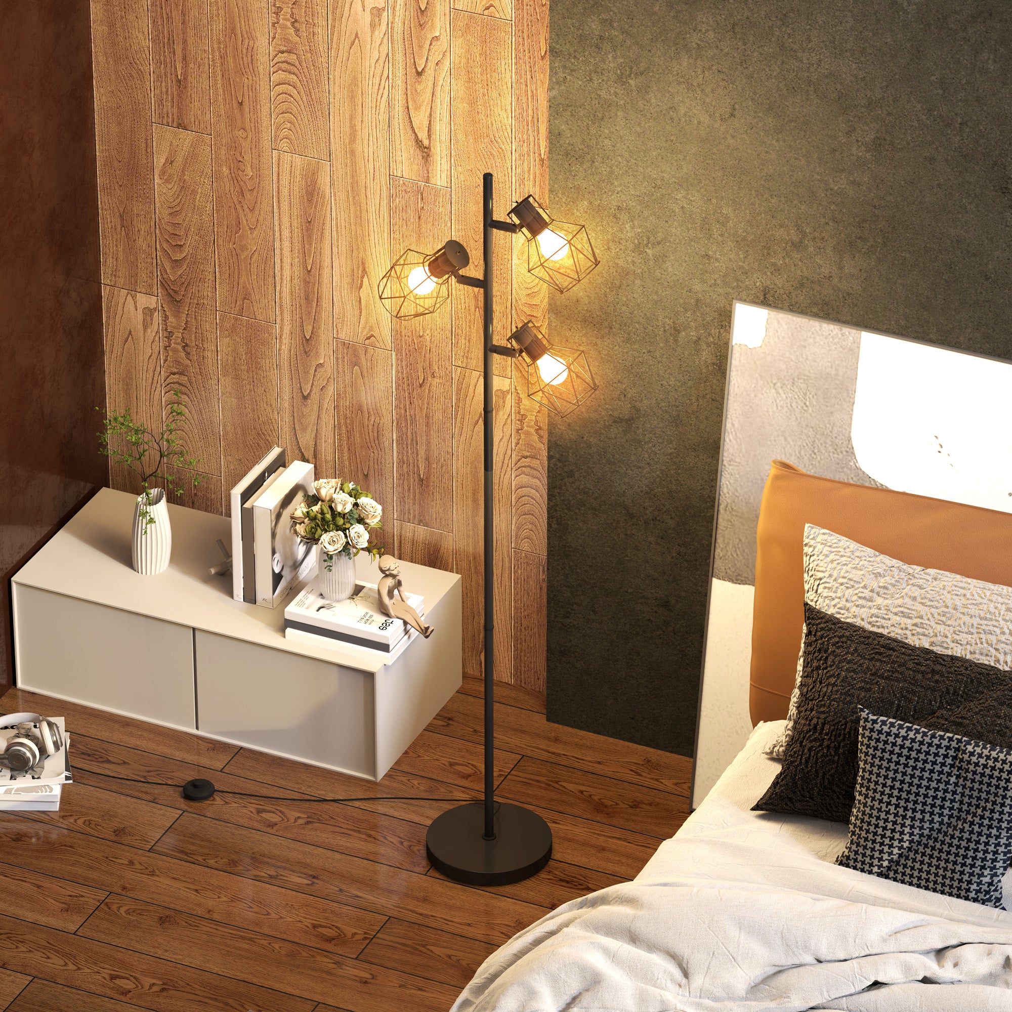 HOMCOM 3-Licht-Stehlampe mit flexiblen Leuchtelementen, baumähnliche Struktur, für Wohnzimmer und Schlafzimmer, Metall, Schwarz