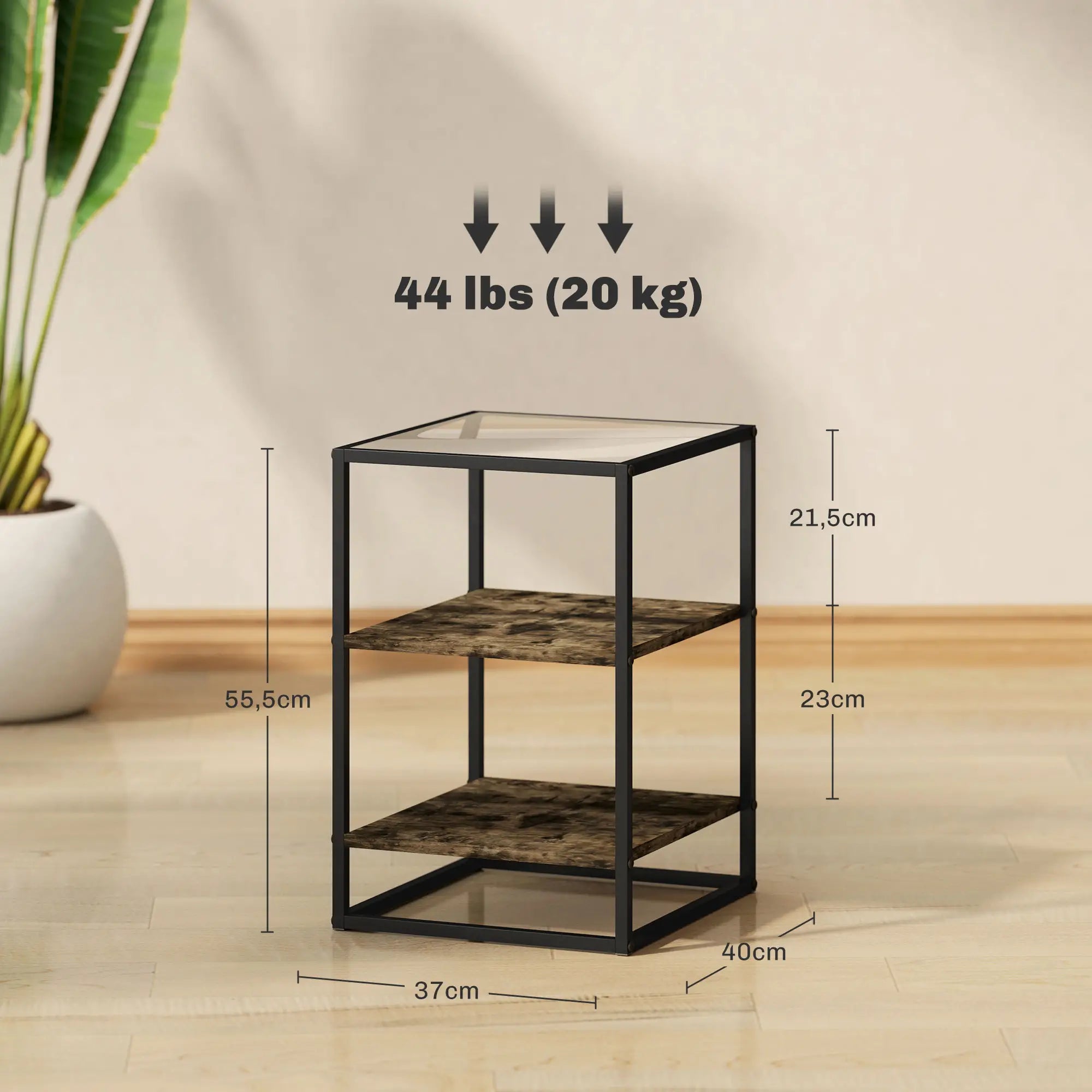 HOMCOM 2er-Set Beistelltische mit Glasplatte, 3-stufiges Design, Metallrahmen, für Wohnzimmer, Schlafzimmer, Braun