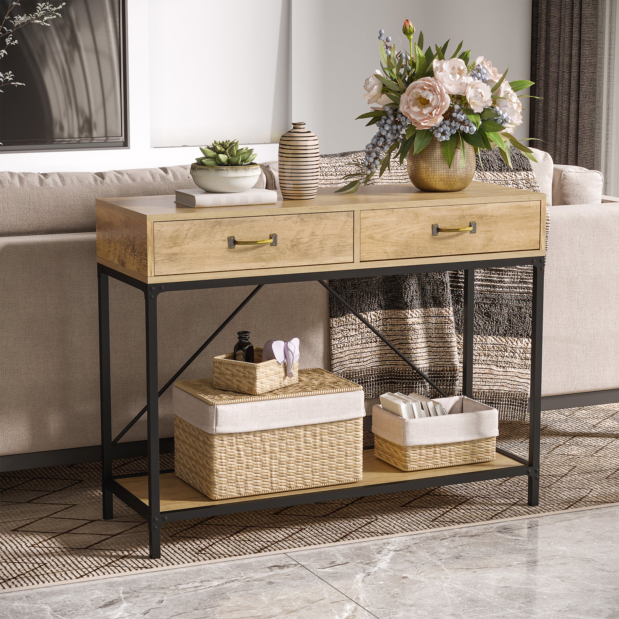 HOMCOM Konsolentisch Flurtisch mit Ablage und 2 Schubladen, 100 x 35 x 76,5 cm Beistelltisch Sofatisch Ausstellungstisch für Kleinen Raum, Eingang, Flur, Wohnzimmer Braun+Schwarz