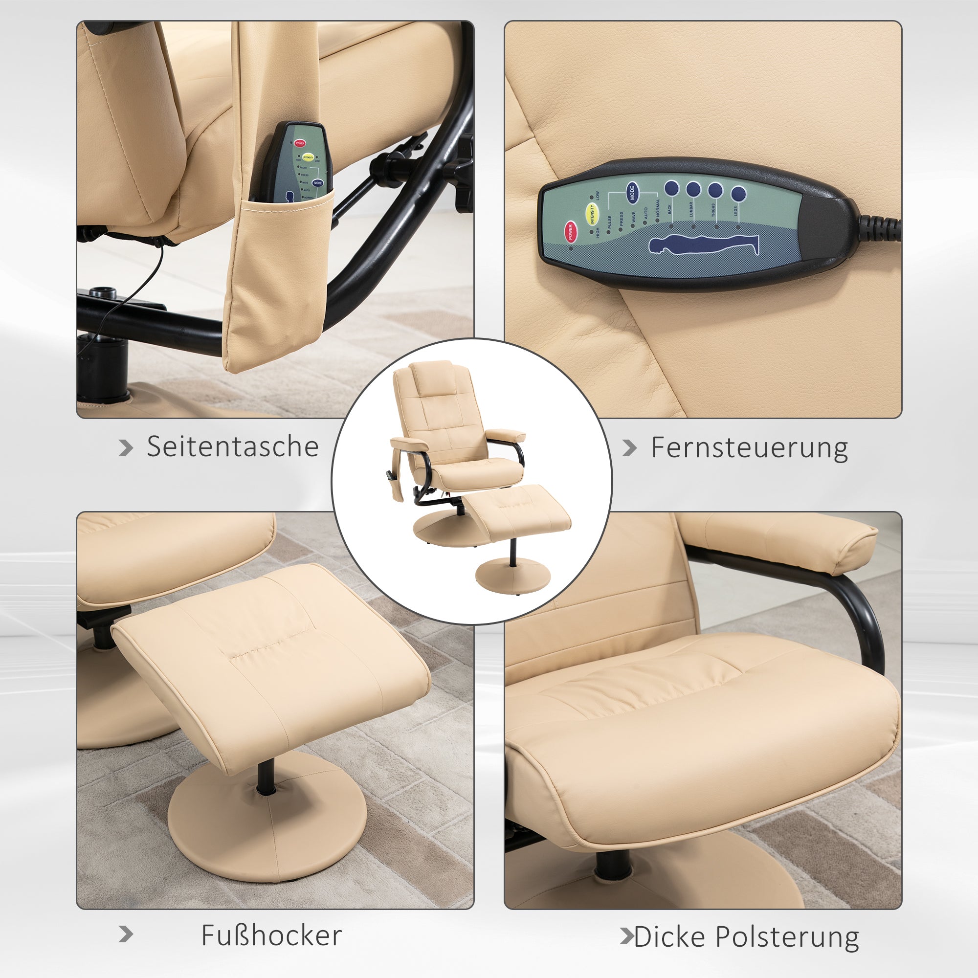 HOMCOM Massagesessel mit Hocker, Drehbares Relaxsessel mit Massagefunktion, Elektrisches Fernsehsessel mit Liegefunktion, Fernbedienung für Wohnzimmer, Kunstleder, Creme