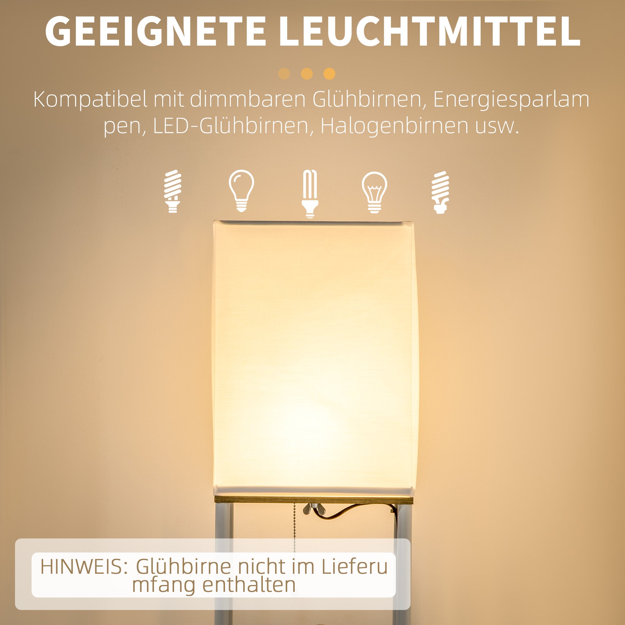 HOMCOM Standleuchte, Deckenfluter, mit Regalen, Metallrahmen, Stoffschirm, 26x26x159cm, Weiß/Braun
