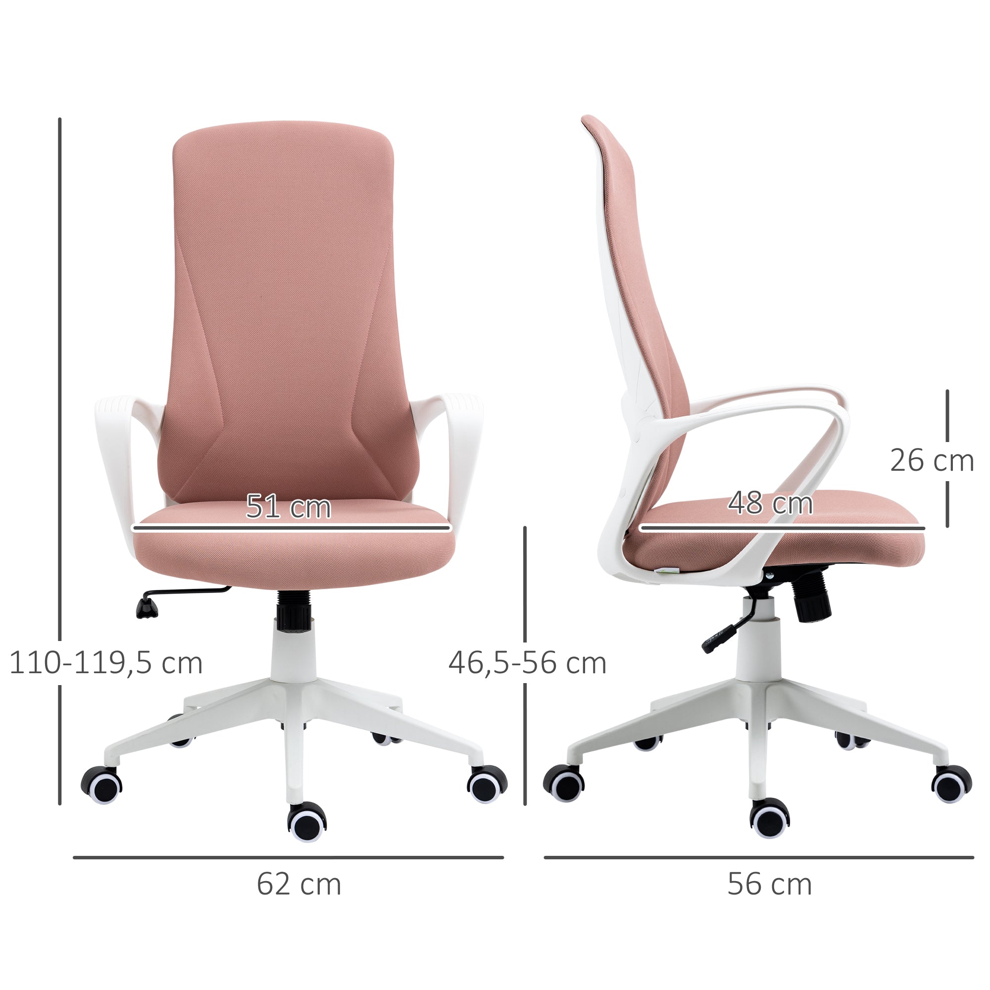 Vinsetto Bürostuhl, Computerstuhl, neigbare Rückenlehne, drehbar, höhenverstellbar, 62x56x110-119,5cm, rosa