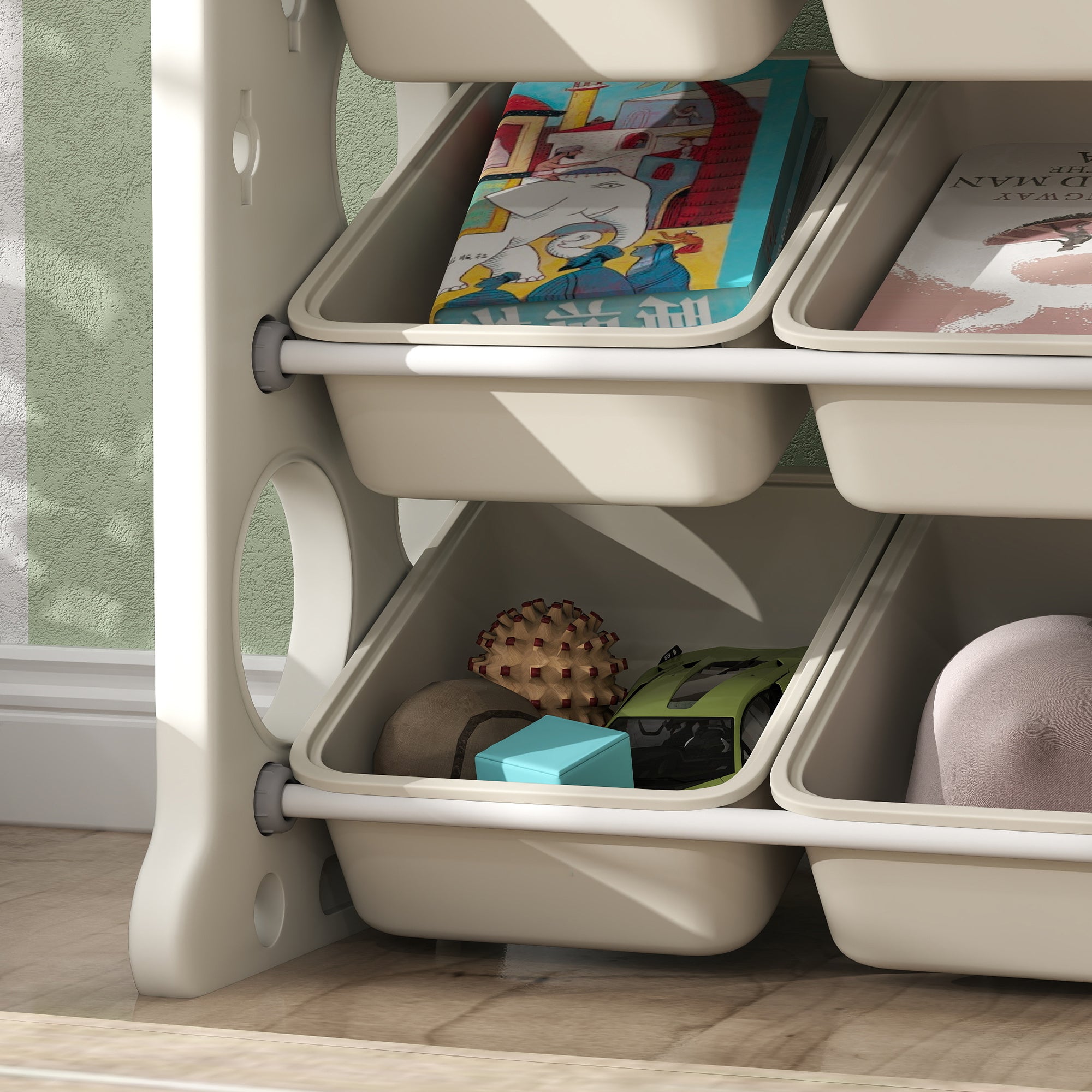 AIYAPLAY Kinder-Aufbewahrungsregal mit 9 Behältern, für Spielzeug und Bücher, Kinderzimmer, Kindergarten, Kunststoff, Cremeweiß