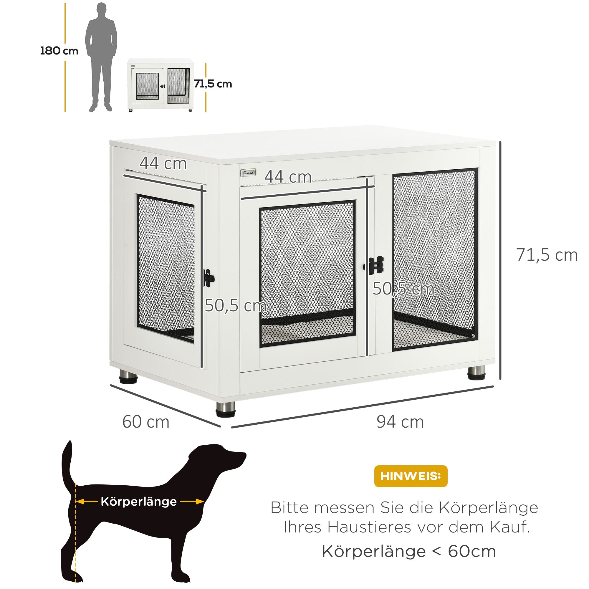 PawHut Hundebox, inkl. weicher Matte, 2 Türen, 2 Türen, verriegelbar, Stahl, Weiß, 94 x 60 x 71,5 cm