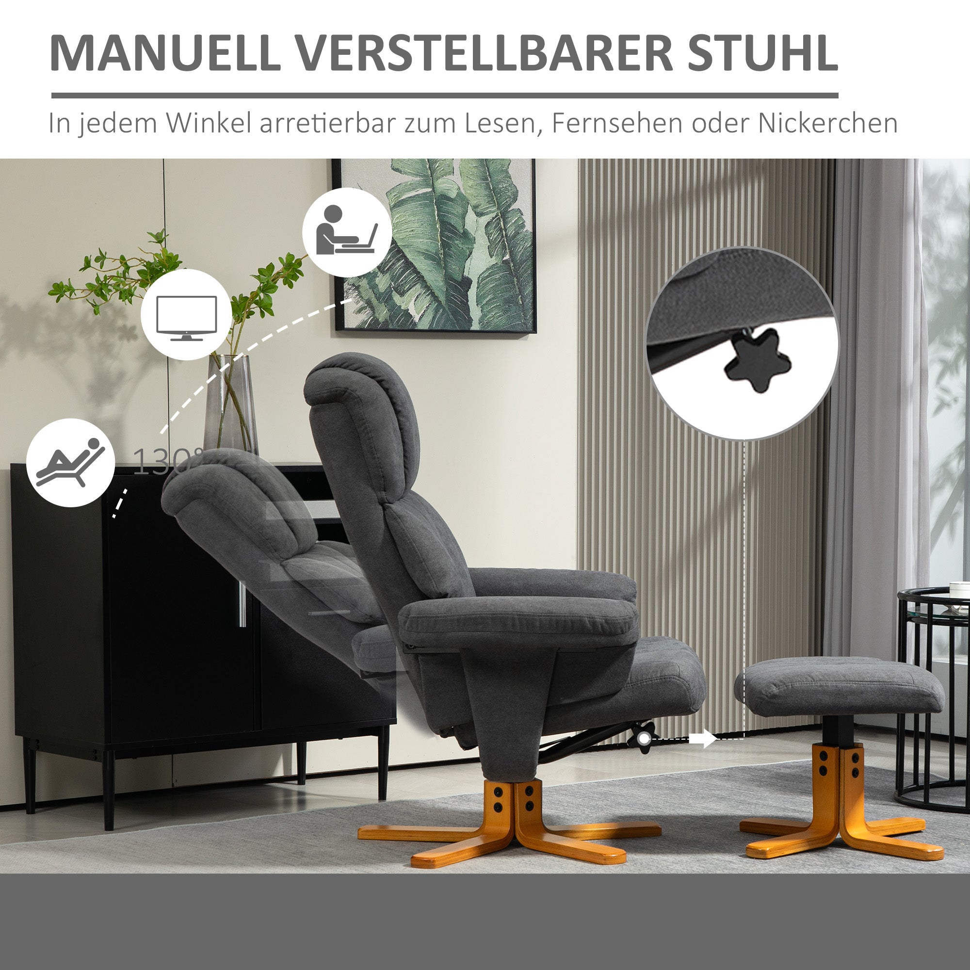 HOMCOM Verstellbarer Sessel mit Fußhocker mit hoher Lehne und Holzrahmen für Wohnzimmer, Schlafzimmer, Dunkelgrau