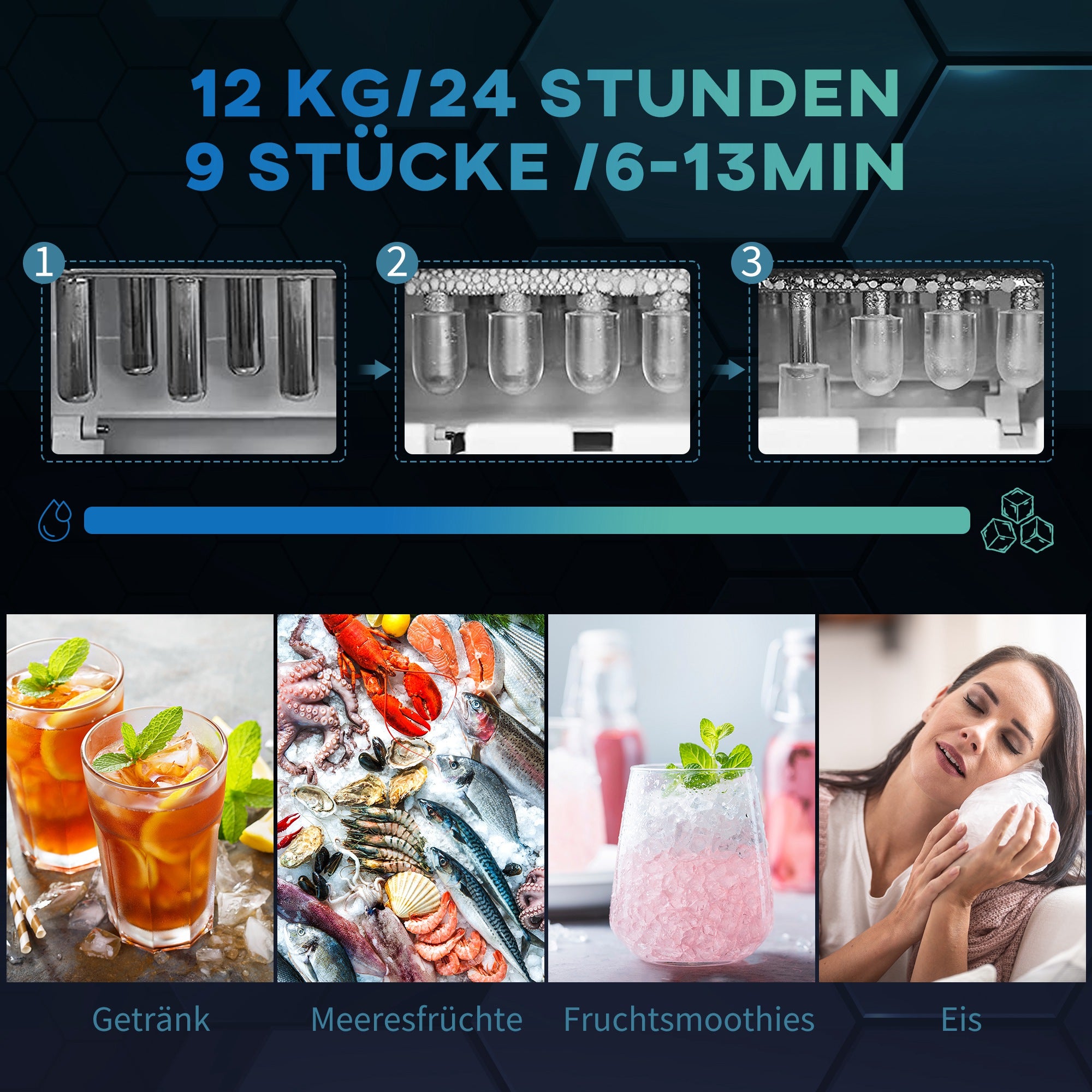 HOMCOM Eiswürfelmaschine, 2, 2 Liter, 12 kg in 24 h, Eiskugeln, selbstreinigend, Eiswanne, Eisschaufel, Schwarz