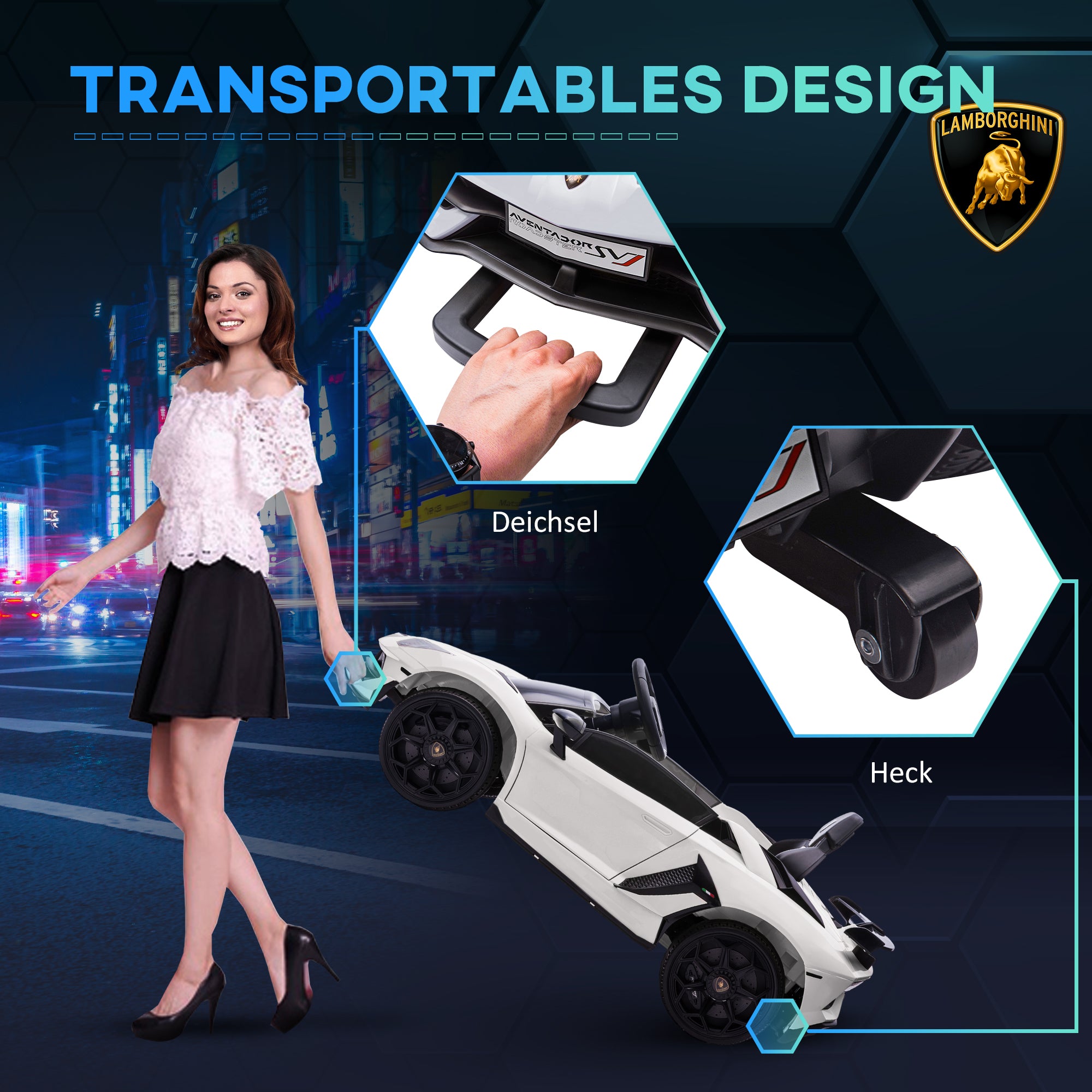 HOMCOM Elektro-Kinderauto, lizenzierter Lamborghini Aventador, Flügeltüren, Musik, Hupe, für 3-5 Jahre, Weiß