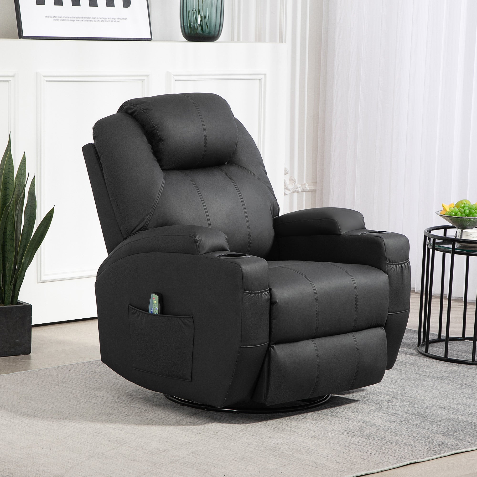 HOMCOM Relaxsessel mit Massagefunktion, neigbare Lehne, drehbar, bis 150 kg, Kunstleder, Schwarz