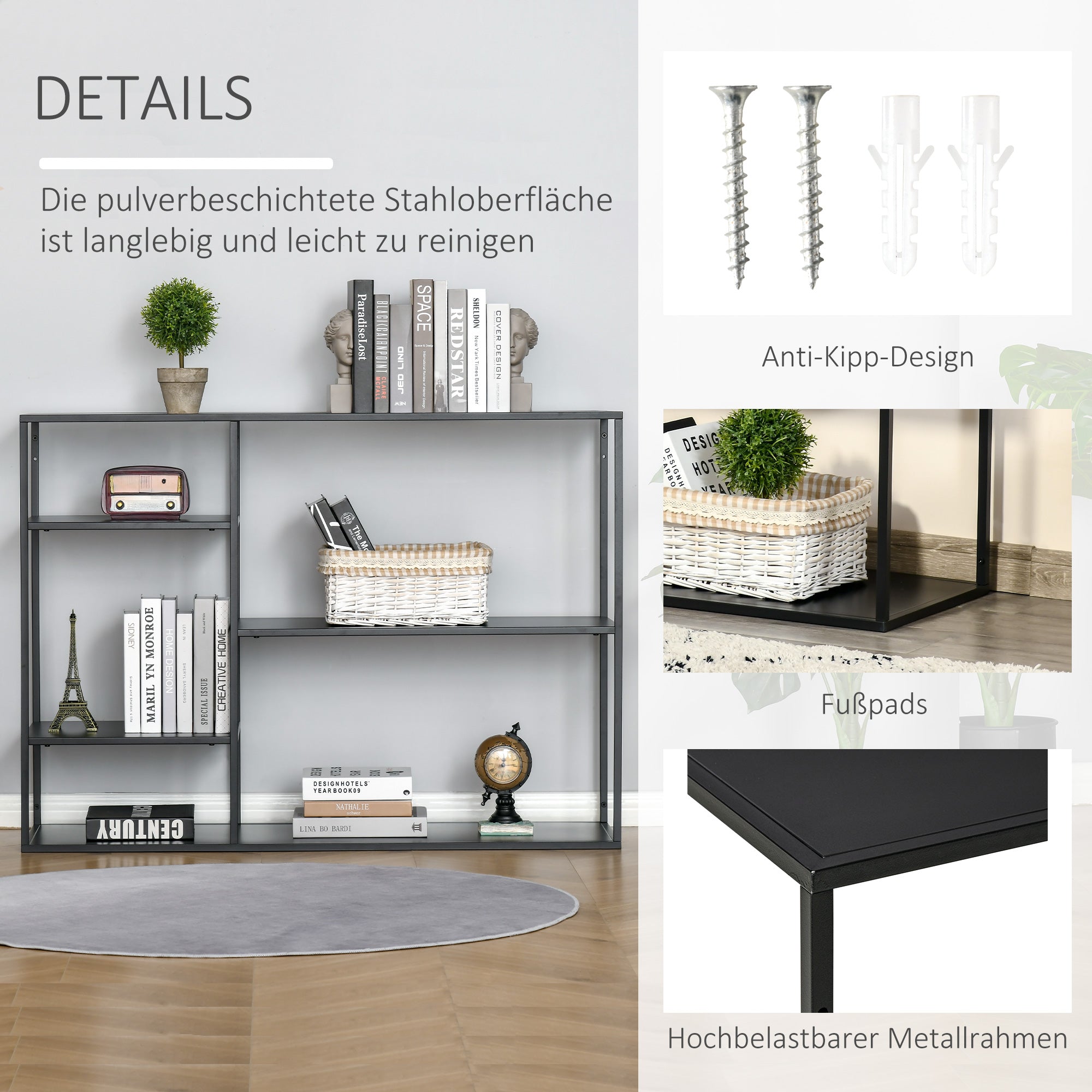 HOMCOM Standregal Bücherregal mit 5 offenen Fächern, Aufbewahrungsregal mit Metallrahmen, Würfelregal für Küche, Wohnzimmer, Schwarz, 120 x 35 x 87,5 cm