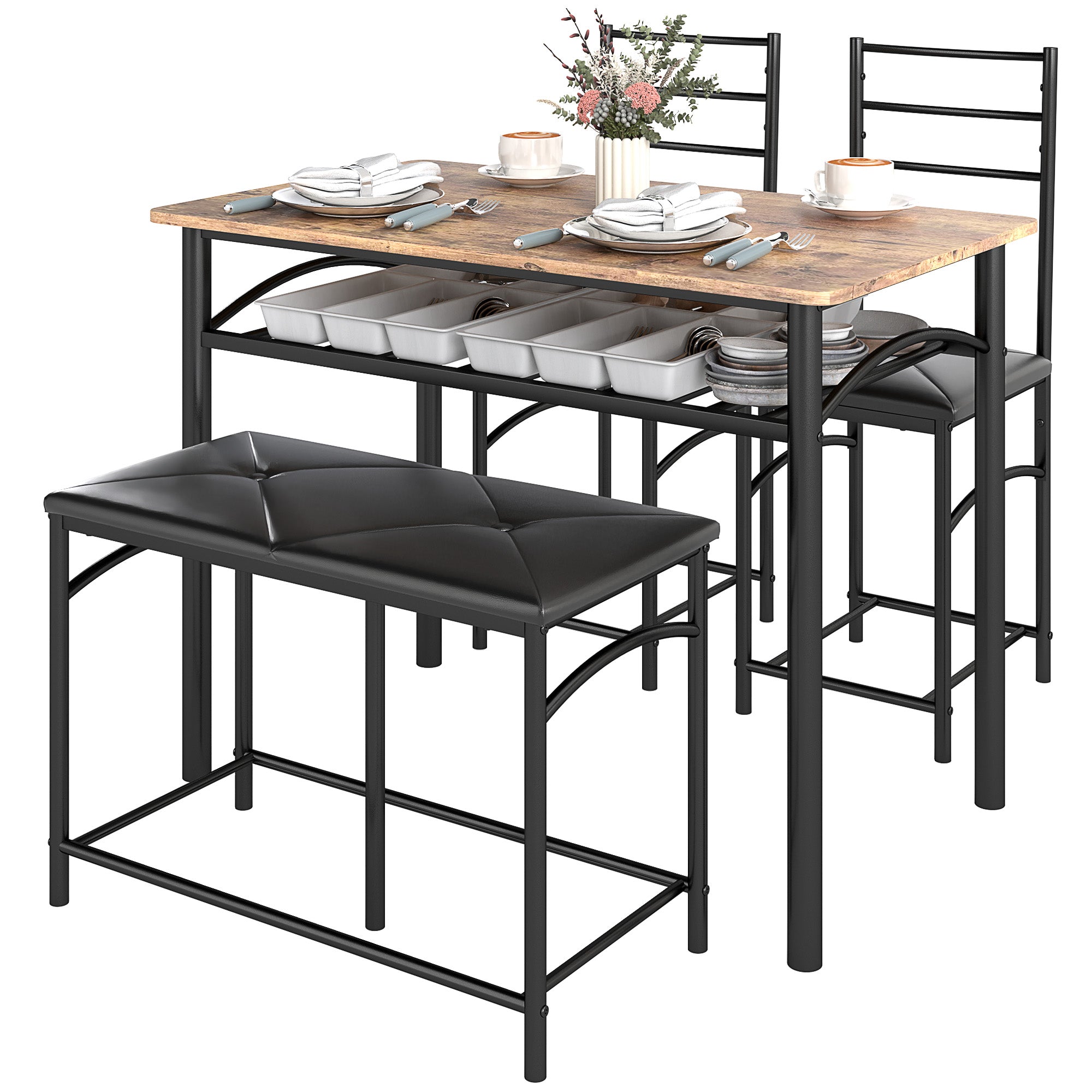 HOMCOM 4-teiliges Esszimmer-Set, Platzsparendes Set aus Tisch, 2 Stühlen und Bank, für kleine Räume, Metall, Holz, Braun