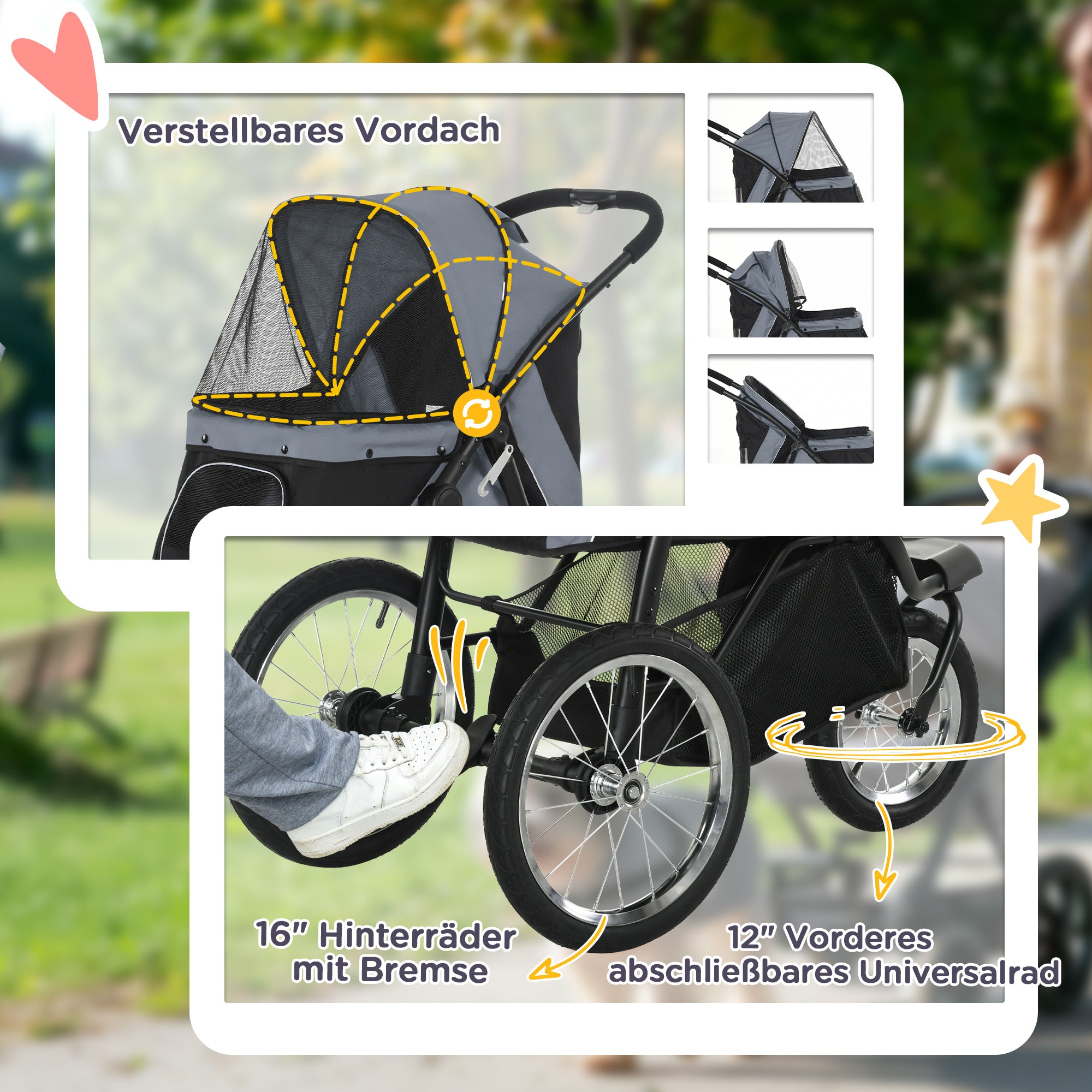 PawHut Hundewagen Hundetrolley mit Jogger-Funktion bis 20 kg Klappbar Netzfenster, Ablagekorb, Grau, 111 x 58 x 107 cm