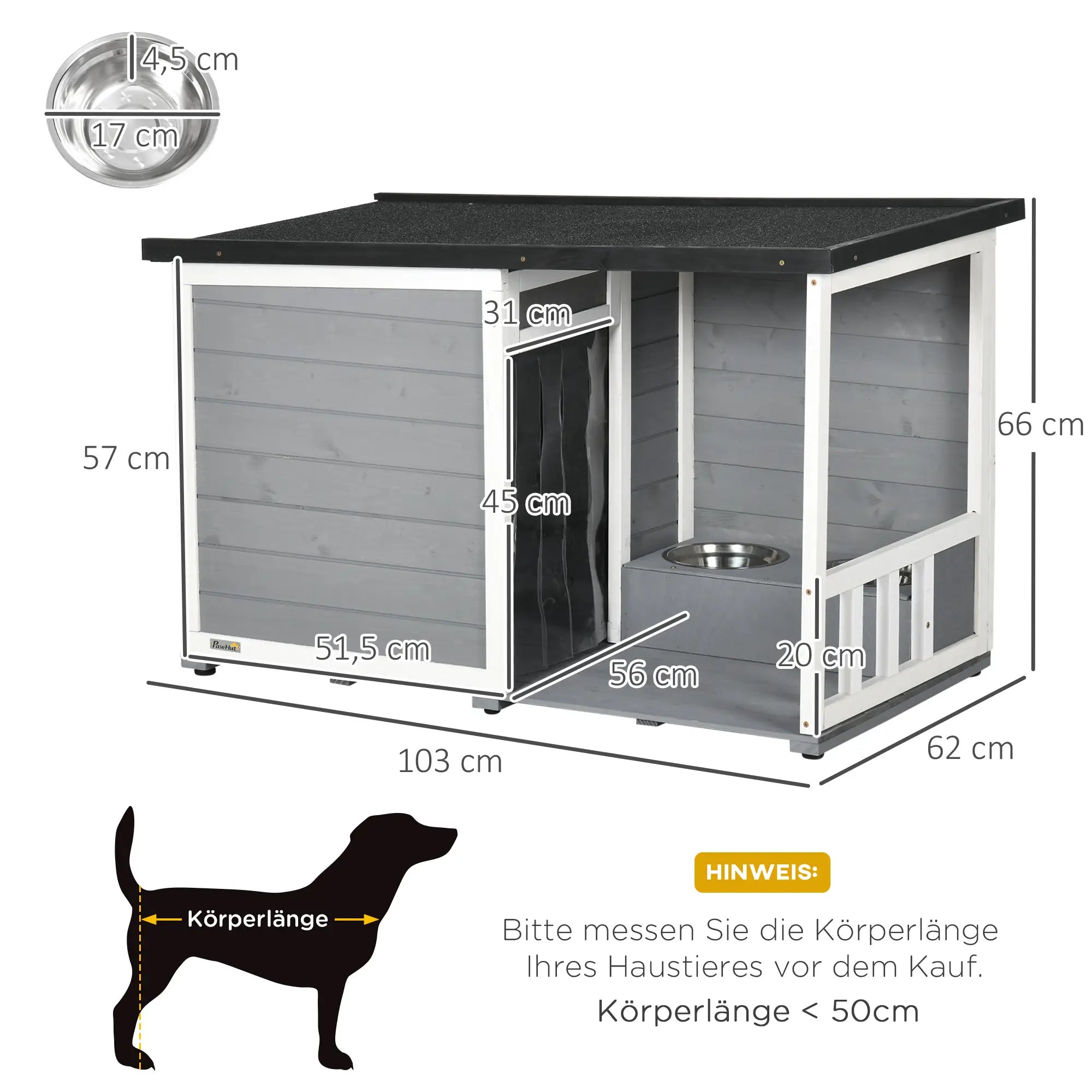 PawHut Hundehütte aus Massivholz, mit 2 Fressnäpfen, Veranda, wetterbeständig, 103 cm x 62 cm x 66 cm, Grau + Weiß