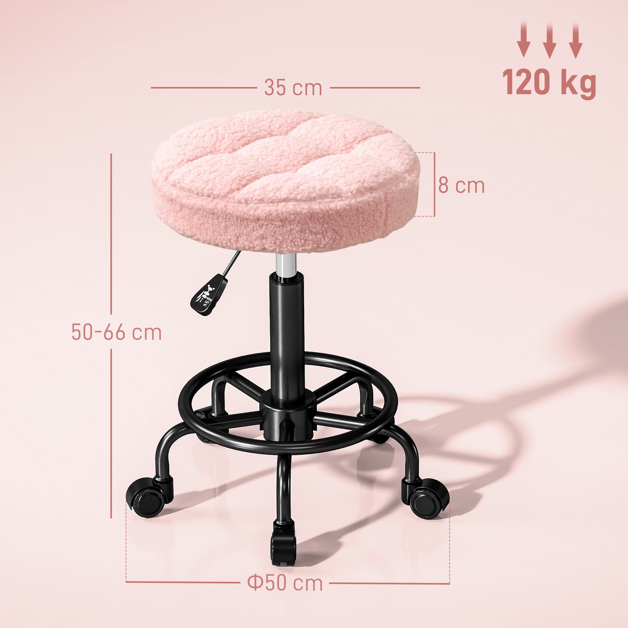 HOMCOM Rollhocker höhenverstellbar Drehhocker 55-66 cm Arbeitshocker 360° drehbar Ø50 x 50-66 cm Rosa