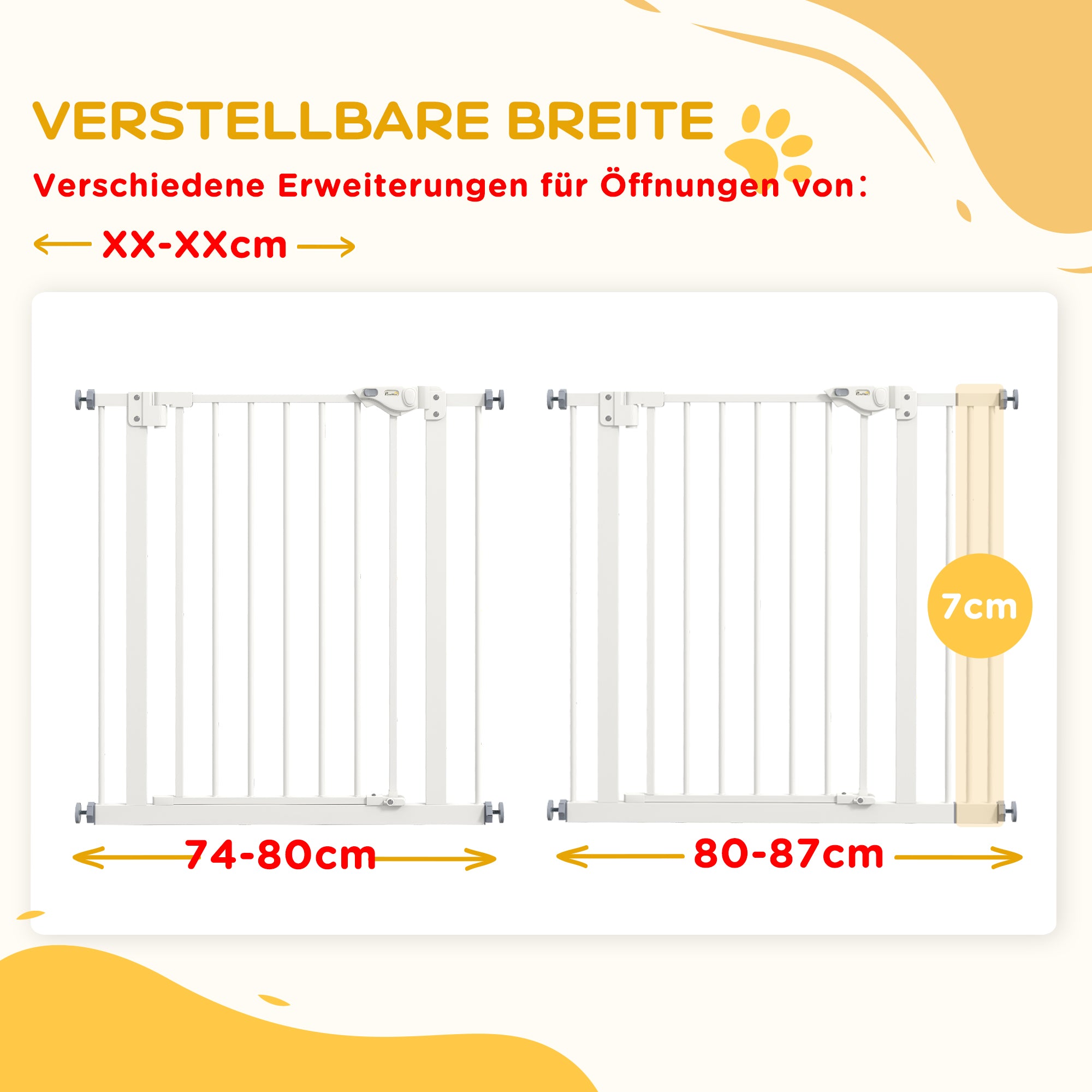 PawHut Türschutzgitter für Hunde, Absperrgitter, Schutzgitter für Haustiere, Metall, Kunststoff, 74-87 cm, Weiß