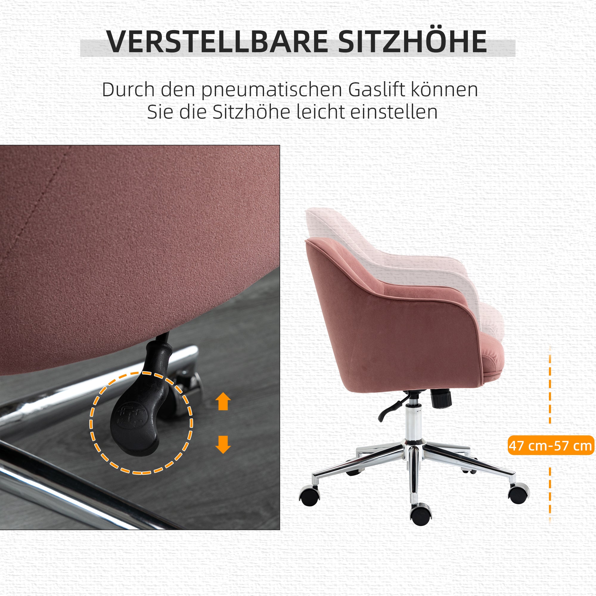 Vinsetto Schreibtischstuhl mit Knopfheftung, höhenverstellbar, Wippfunktion, Samtoptik, 61 cm x 59 cm x 90,5 cm, Altrosa