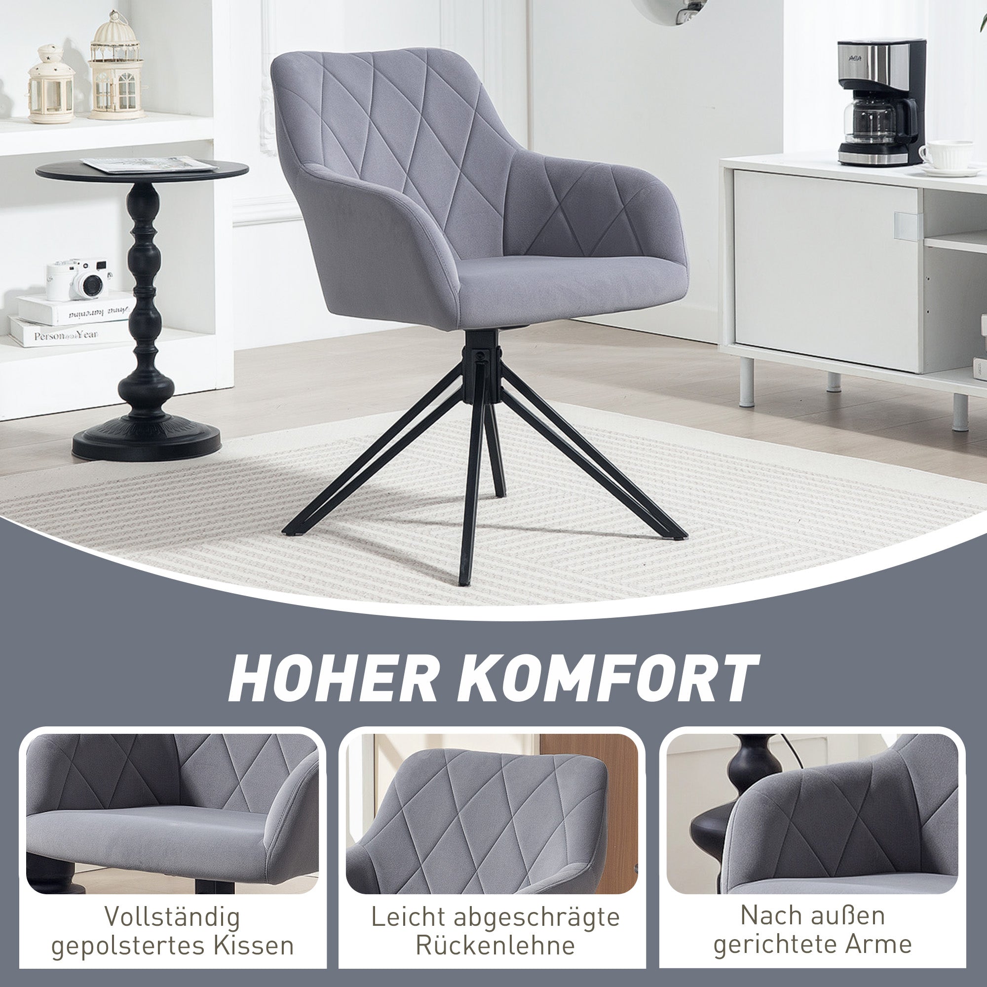HOMCOM Akzentstuhl im Retro-Design Samtoptik 58 cm x 60,5 cm x 79 cm Stahl Grau