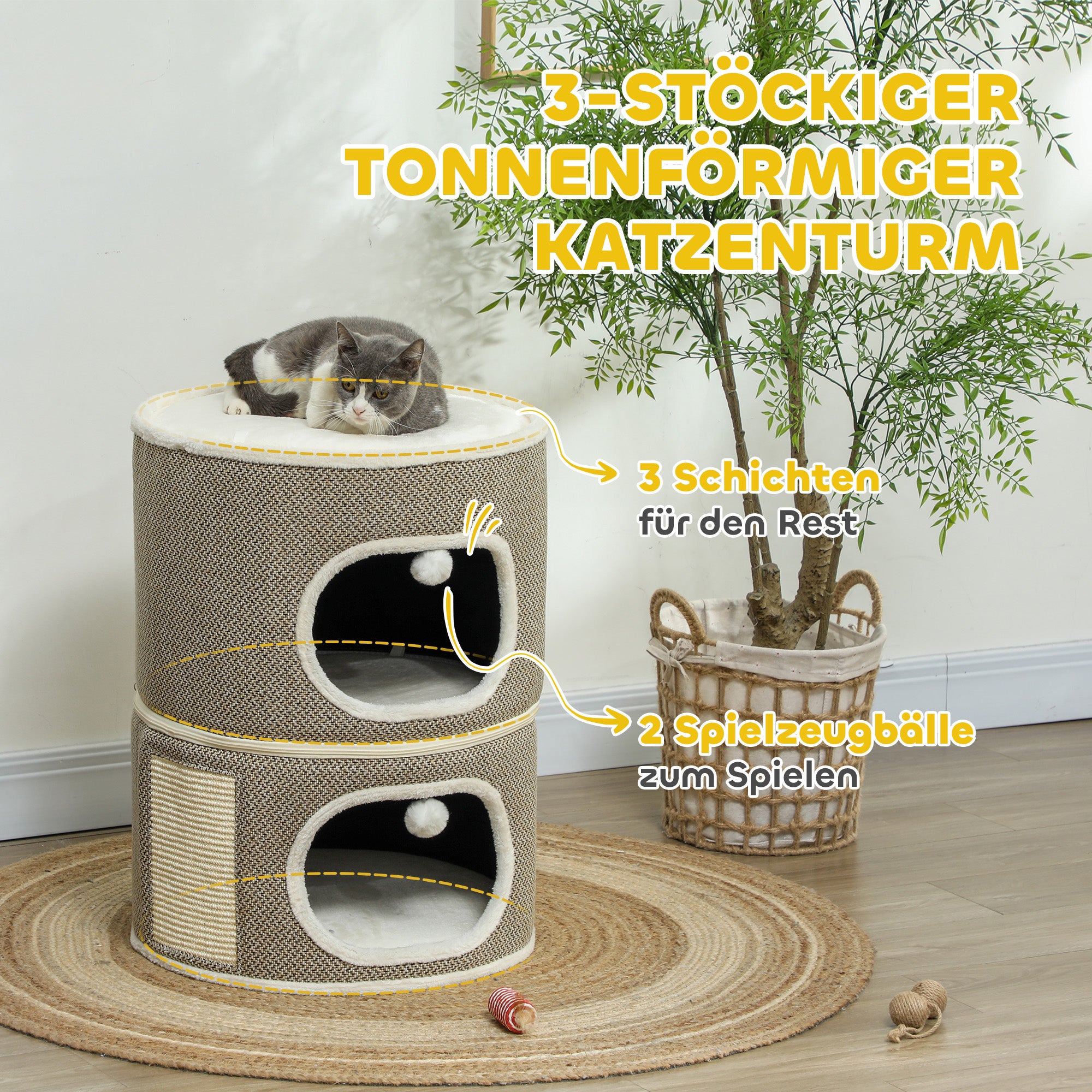 PawHut Katzenfass, 3 Ebenen, mit Kissen, Kratzmatte, Spielbällen, Katzenhaus für Innenbereich, Braun