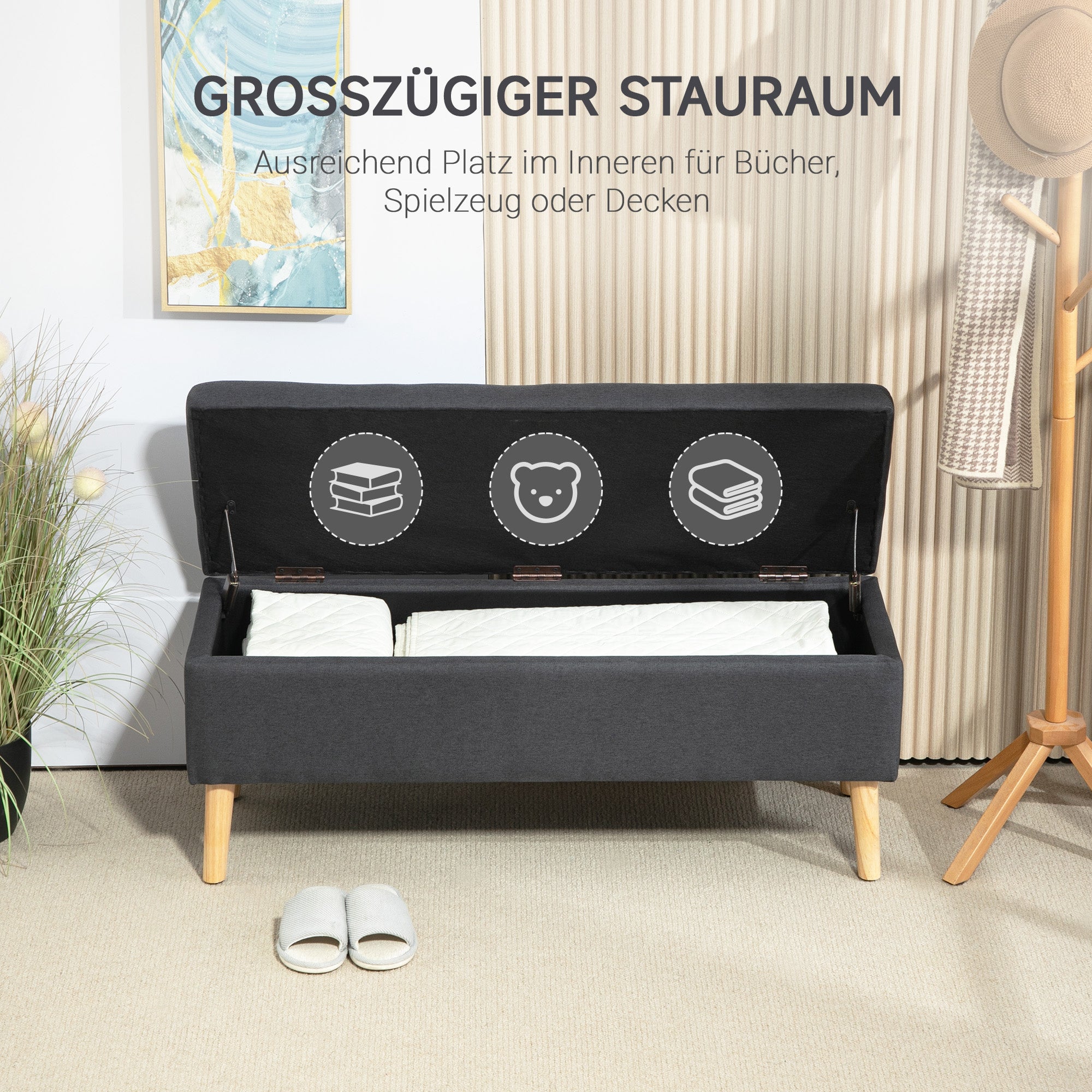 HOMCOM Polsterbank mit Stauraum, Bettbank in Leinenoptik, Kautschukholz, 110 x 39 x 45 cm, Dunkelgrau