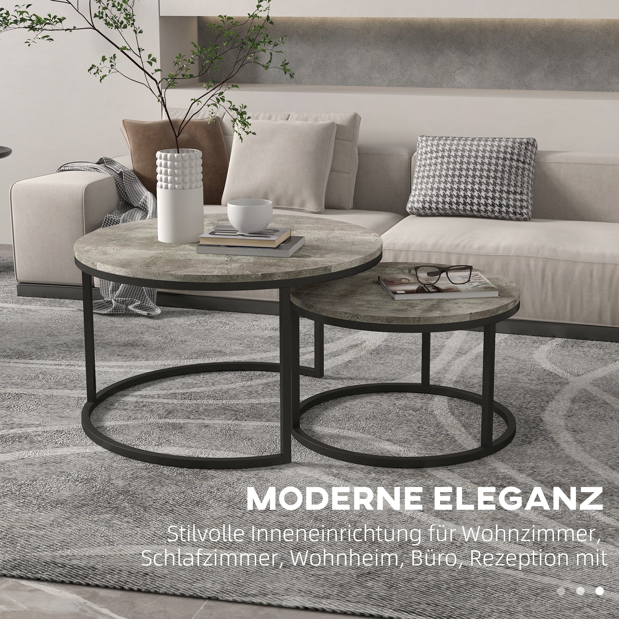 HOMCOM Couchtisch-Set, 2 runde Satztische, Industriedesign, Metallgestell, Marmoroptik/Grau