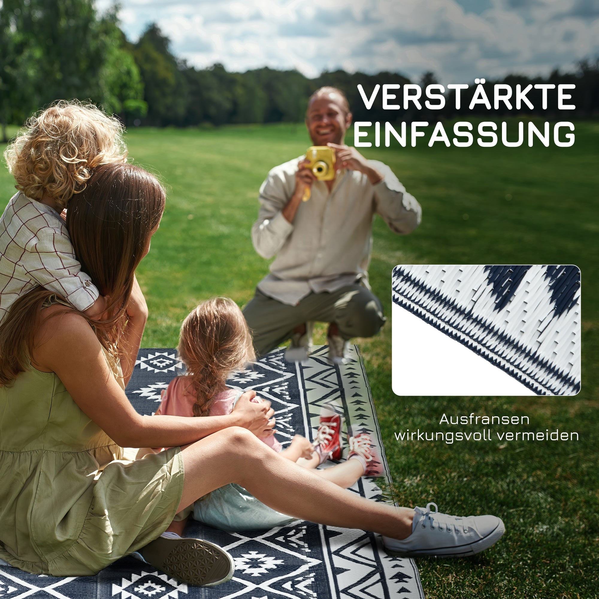 Outsunny Outdoorteppich Terrassenteppich, wetterbeständig, modernes Design, 182 cm x 274 cm x 0,3 cm, Schwarz + Weiß