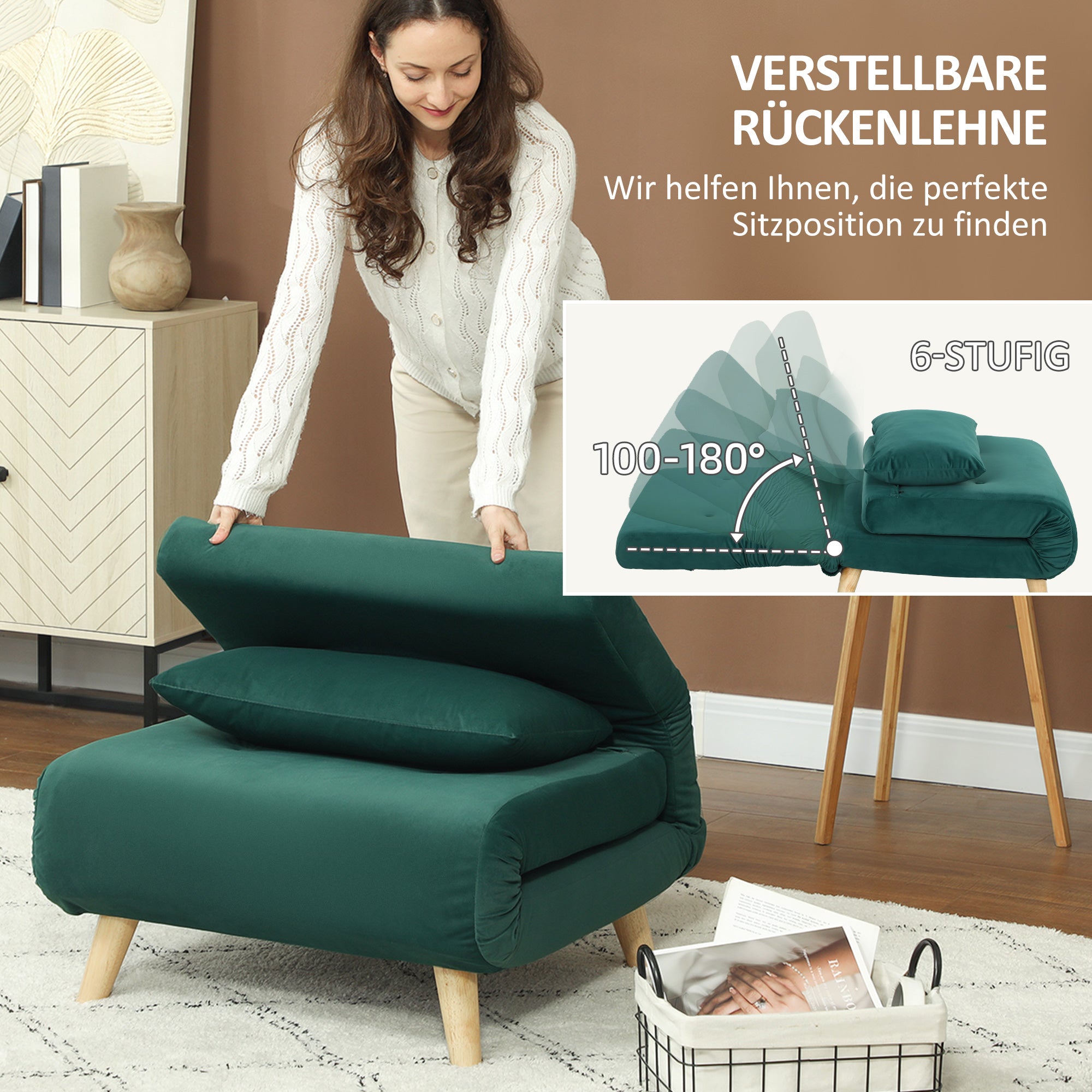 HOMCOM Klappsessel mit Bettfunktion, Klappbarer Relaxsessel in Samtoptik, Verstellbare Lehne, bis 120 kg belastbar, Dunkelgrün