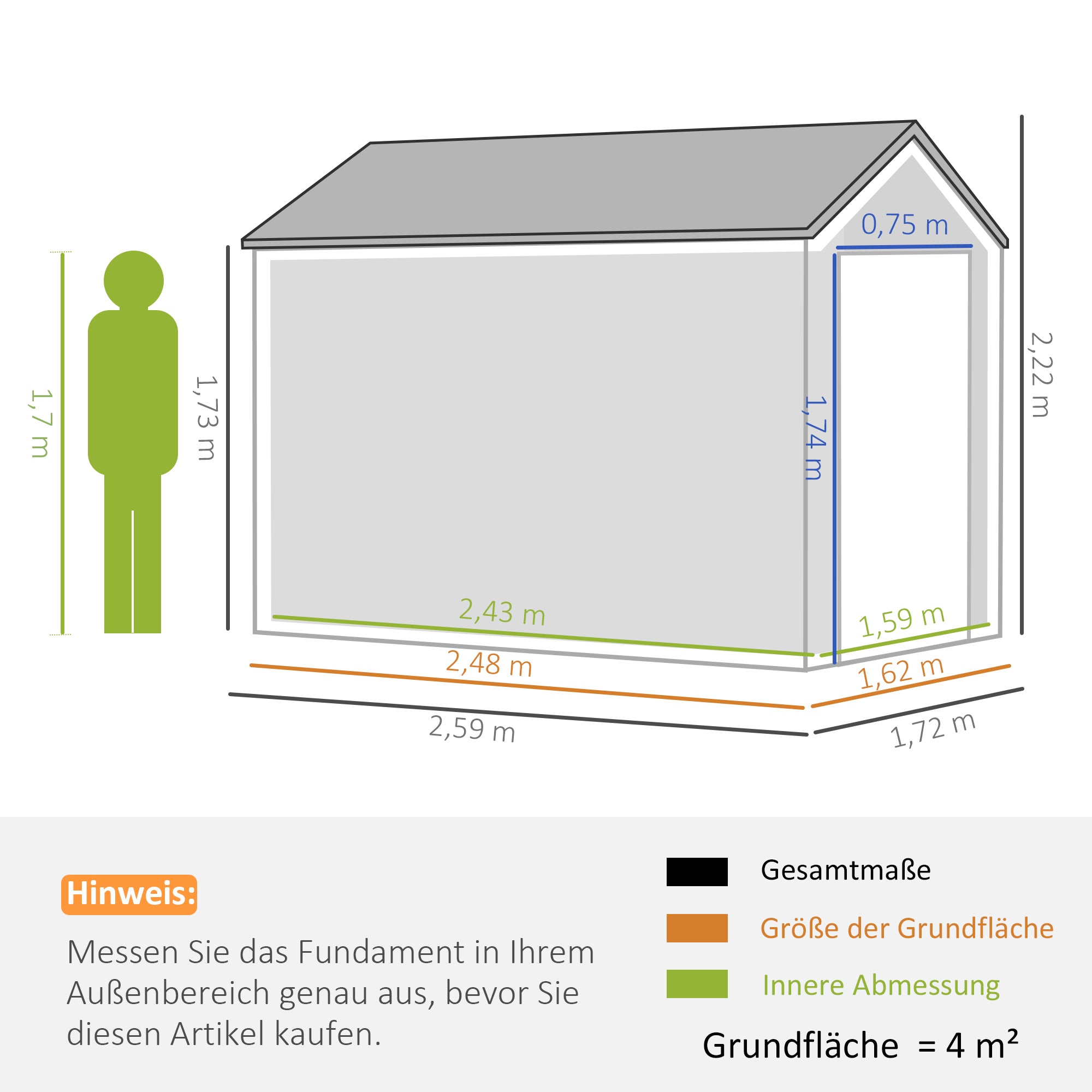 Outsunny Gartenschuppen, Metallgerätehaus, Doppeltür, Fenster, 259x172x222 cm, Grau/Weiß