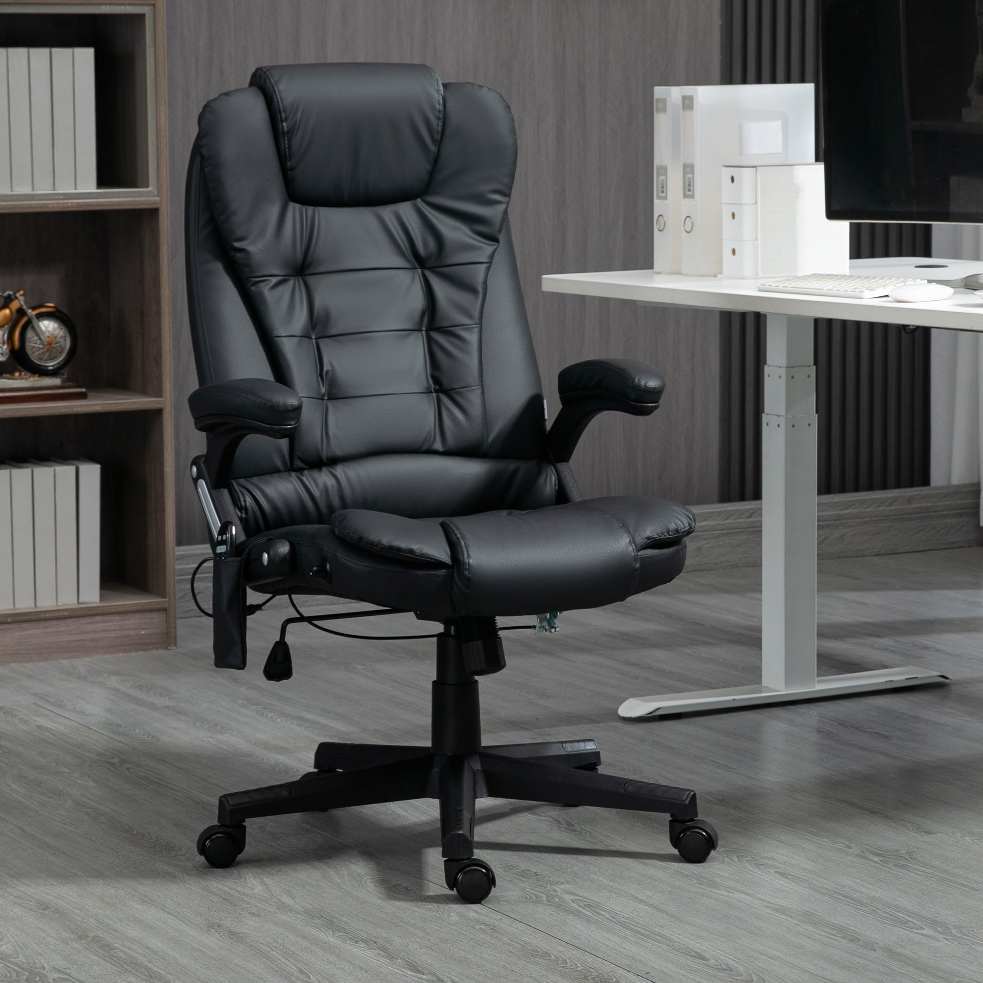 HOMCOM Massagesessel Bürostuhl, Chefsessel mit 6-Punkt-Vibrationsmassage und Wärmefunktion, drehbar Gaming-Stuhl, Kunstleder, 70 x 70 x 111–121 cm, Schwarz