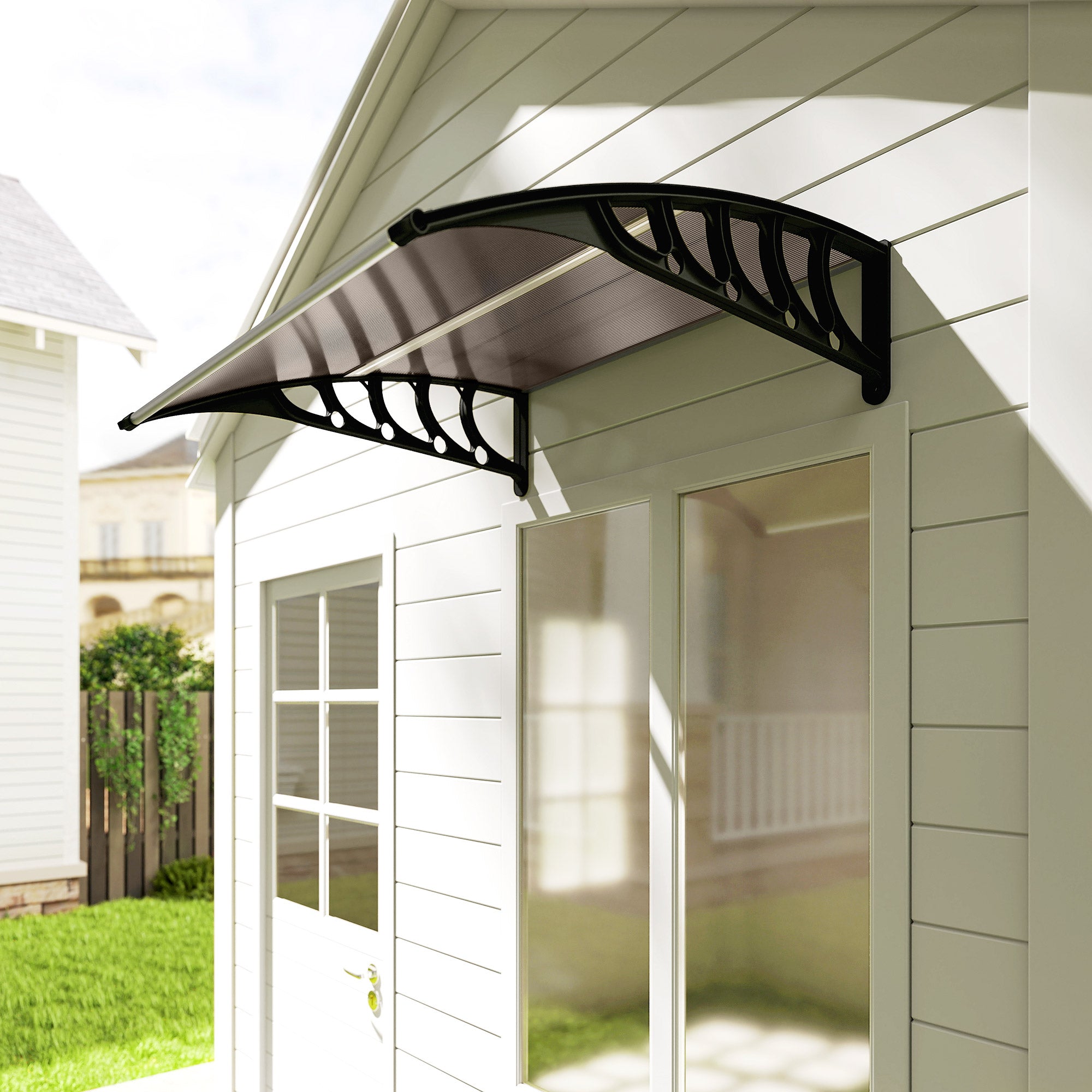 Outsunny Türüberdachung, Schutz vor Regen, Wind und Hagel, Polycarbonat, Aluminium, 103 x 96,5 x 27 cm, Braun