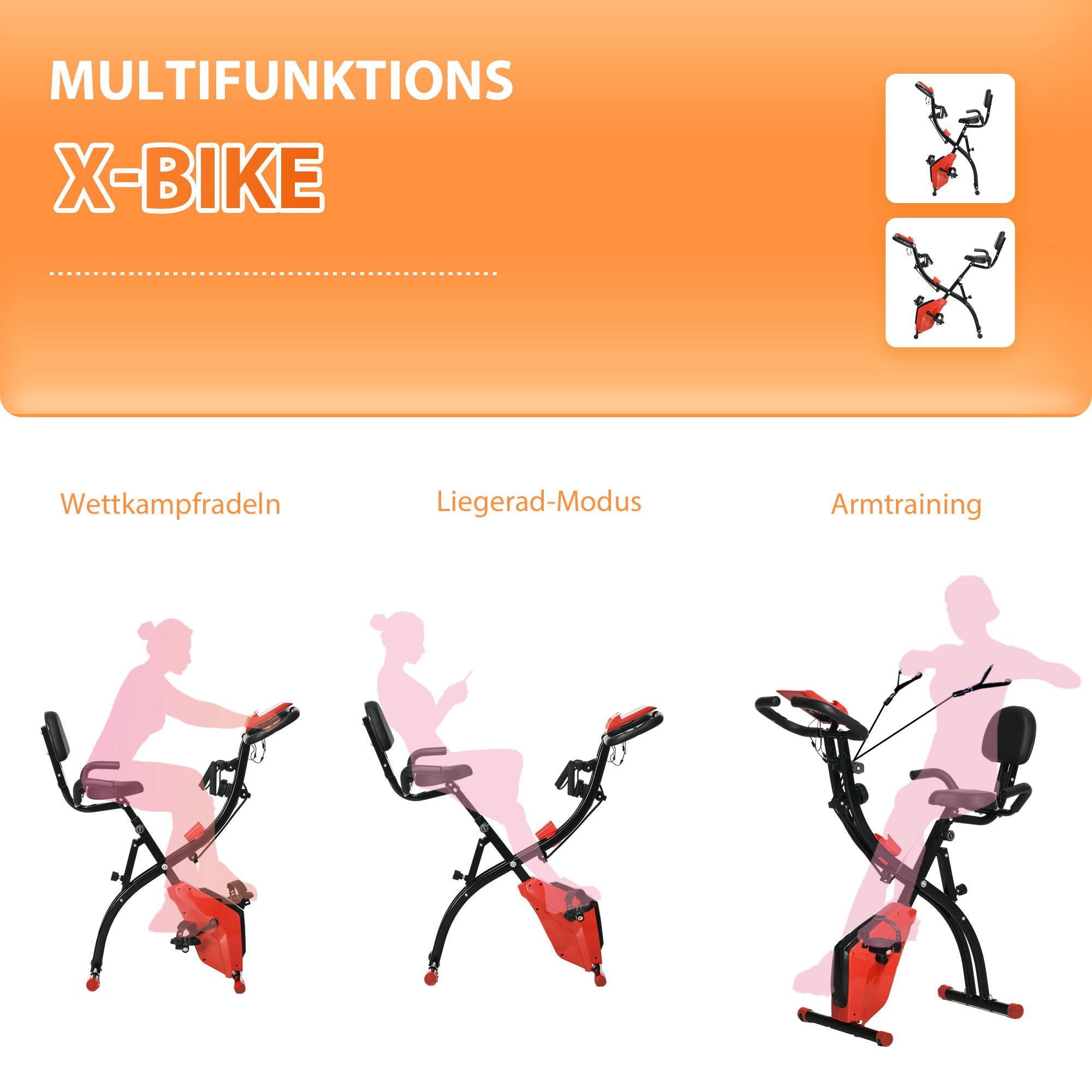 HOMCOM Heimtrainer X-Bike 2-in-1 Fahrradtrainer mit LCD-Display,Pulsmesser, klappbarer Hometrainer Trimmrad mit 8 stufig Magnetwiderstand, 1 Paar Spannseil, Stahl Rot 105x48x118 cm